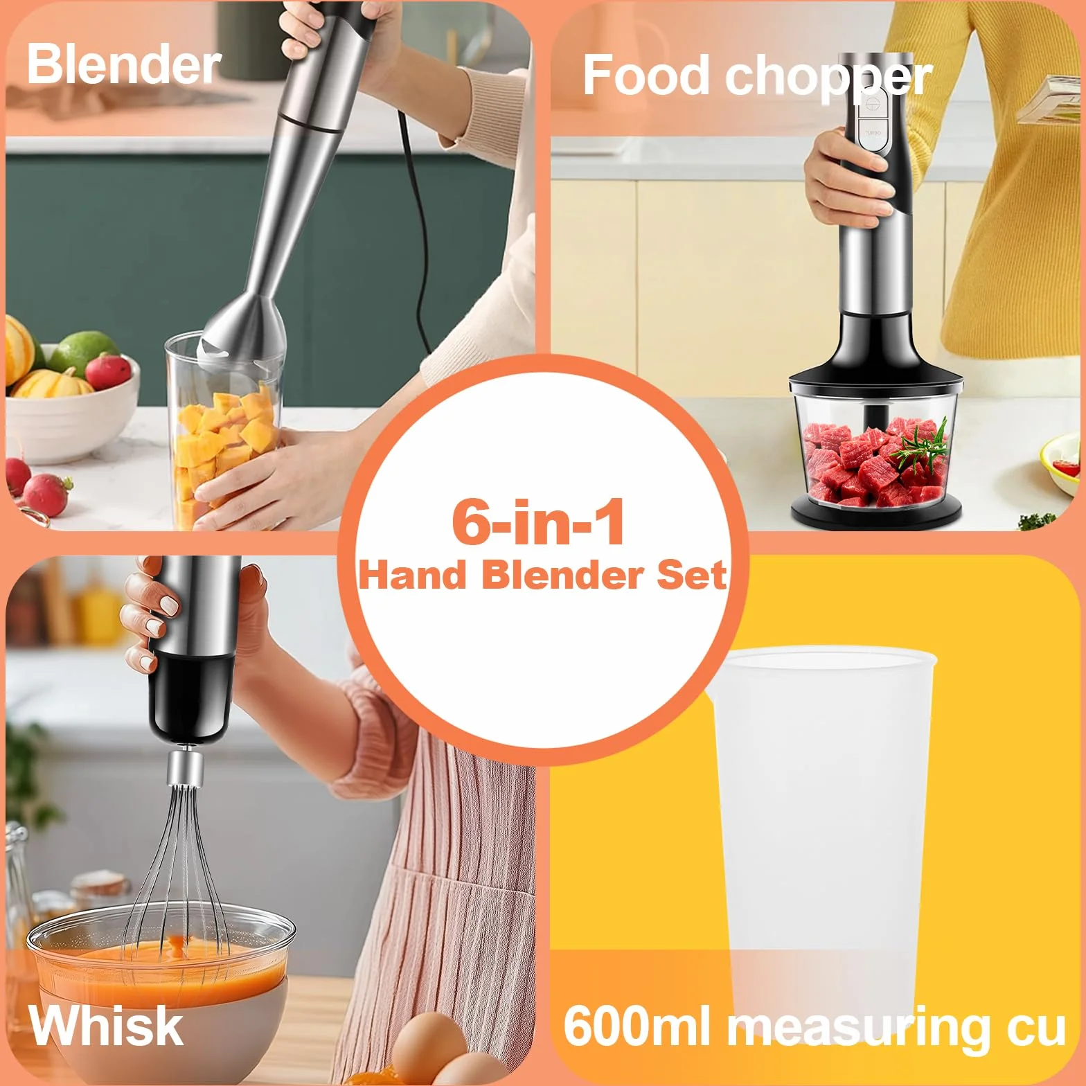 6 w 1 Blender Ręczny 1200W Regulowana Prędkość Blender Zanurzeniowy z Ostrzami ze Stali Nierdzewnej, Odporny na Zachlapania, Blender Elektryczny do Mięsa, Warzyw i Śmietany itp