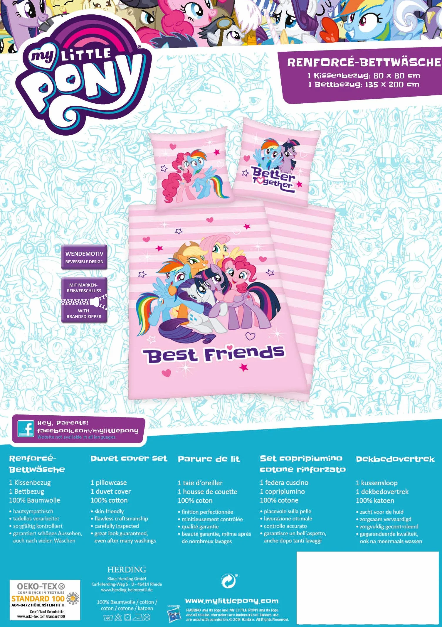 Herding Pościel My little Pony "Best Friends", poszewka na poduszkę 80 x 80 cm, poszwa na kołdrę 135 x 200 cm, Renforce, z markowym zamkiem błyskawicznym