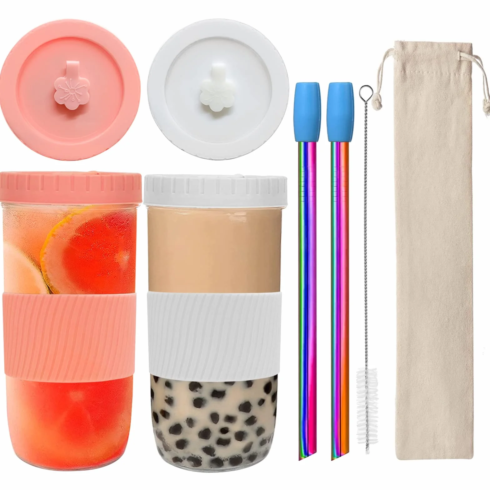 Bąbelkowe kubki do herbaty ze słomkami, 2 sztuki, kubki do smoothie, wielokrotnego użytku, do kawy, koktajli mlecznych, soków, smoothie, piwa, napojów (różowy, biały)