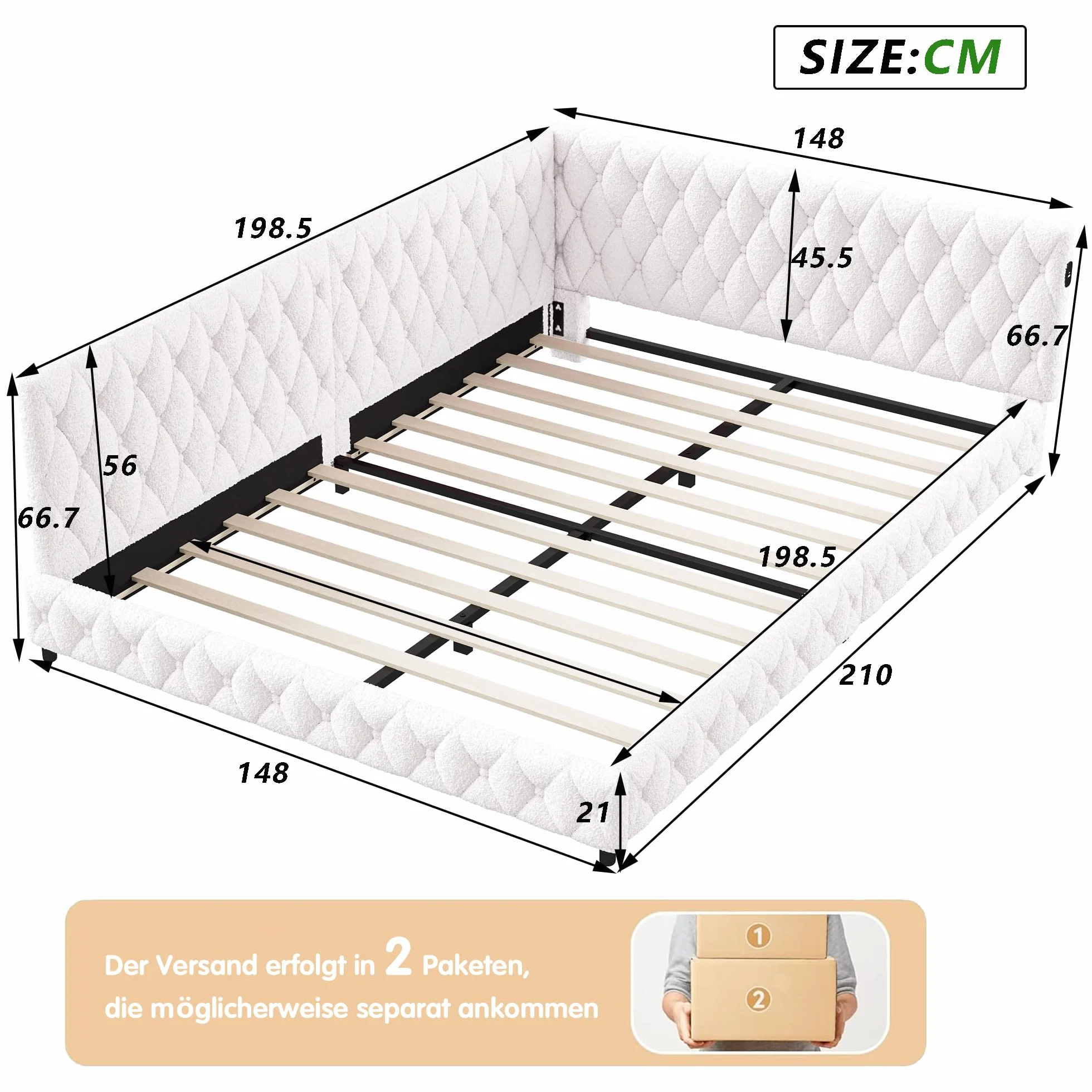 BRILVERDE Łóżko tapicerowane 140 x 200 cm, z diodami LED i USB, łóżko dziecięce, sofa ze stelażem, łóżko podwójne, dla dzieci i młodzieży, wełna jagnięca, bez materaca (białe, 140 x 200 cm)