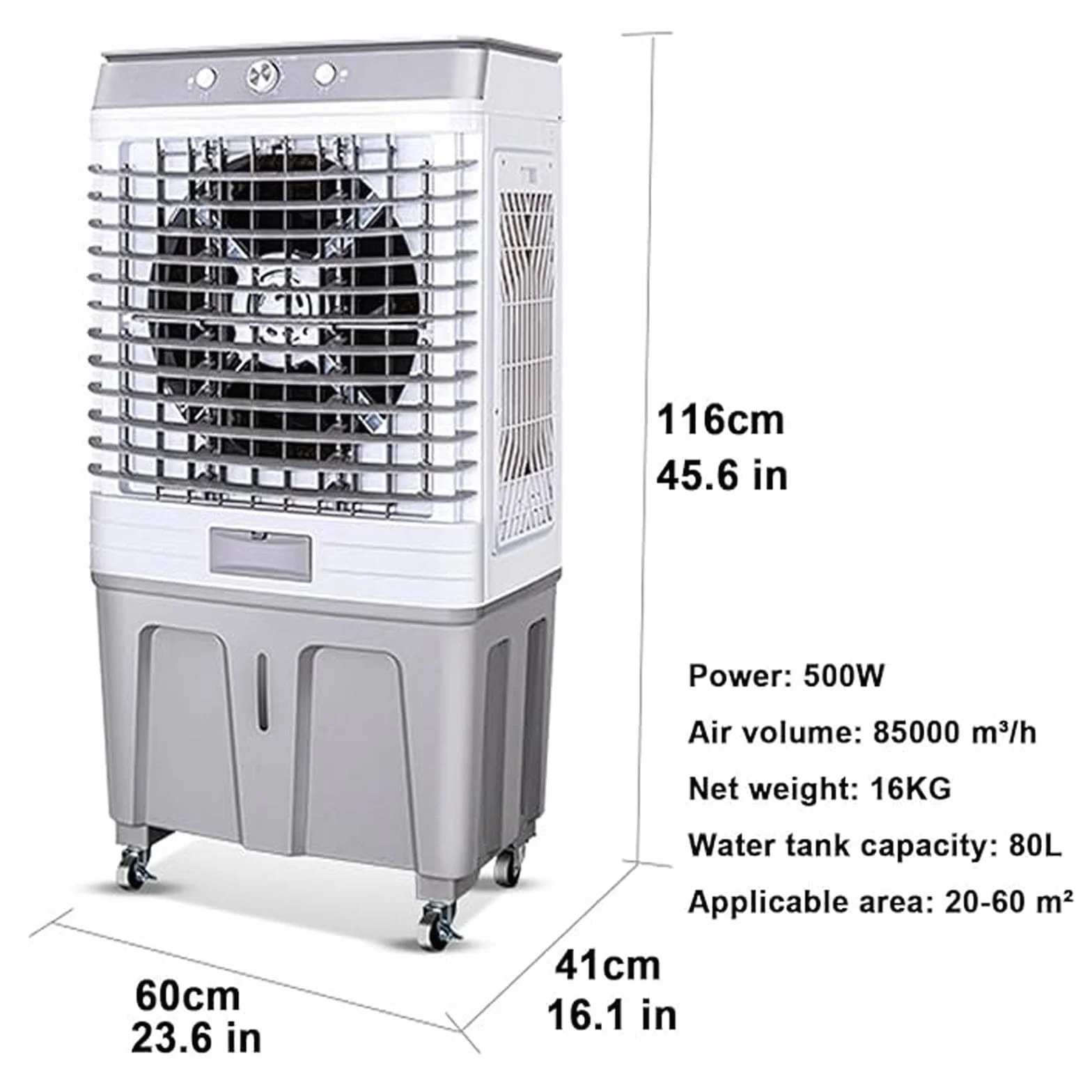 60L Przenośna chłodziarka powietrza parowego, mocny wentylator chłodzący o mocy 500 W z oscylacją 120 ° i 3 prędkościami.Lekka konstrukcja o niskim poziomie hałasu do użytku domowego w pomieszczeniach