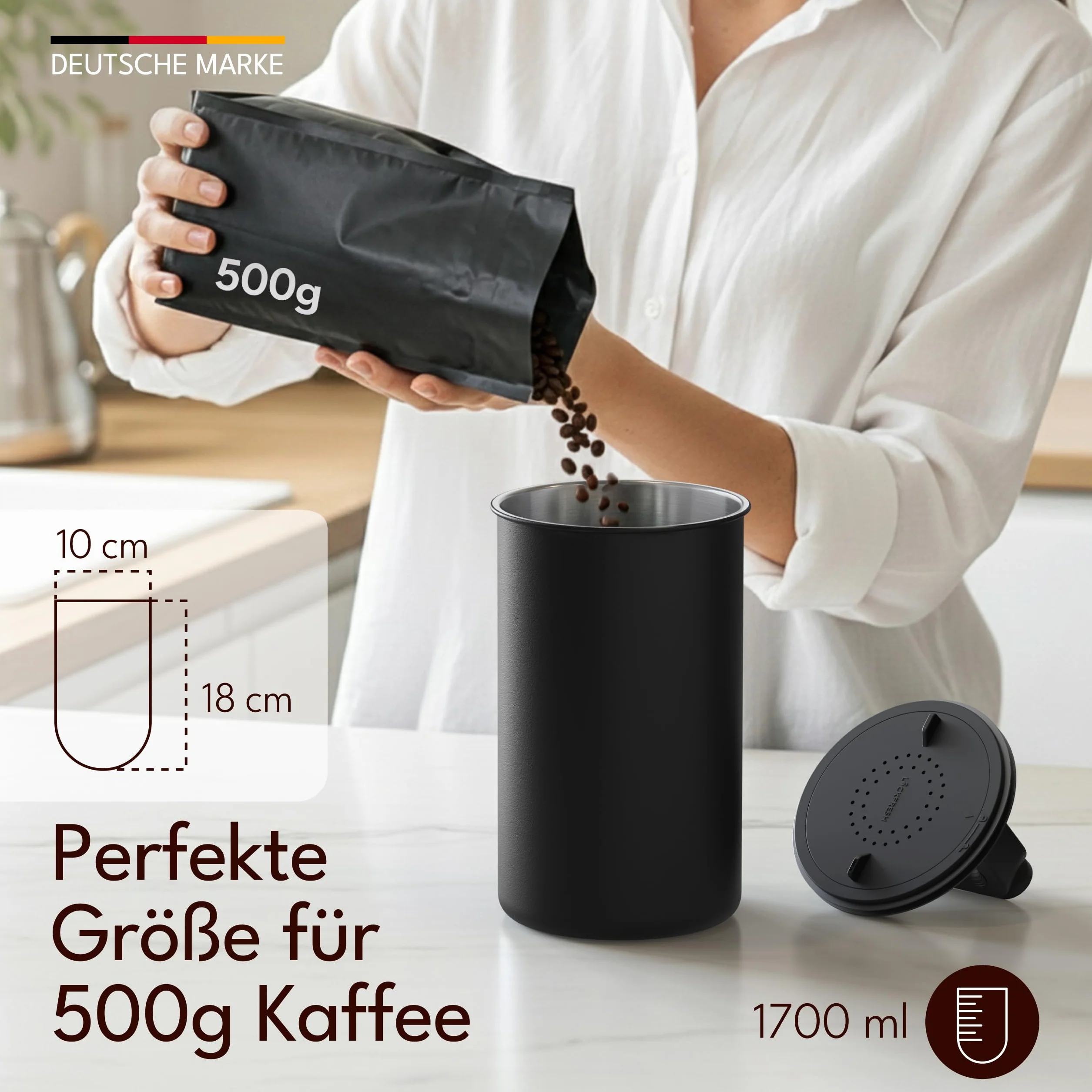 KC Kitchen & Co. Hermetyczna puszka na kawę na 500 g ziaren kawy – puszka ze stali nierdzewnej z pokrywką próżniową i zamknięciem na aromat – puszka do przechowywania kawy, herbaty, cukru, musli