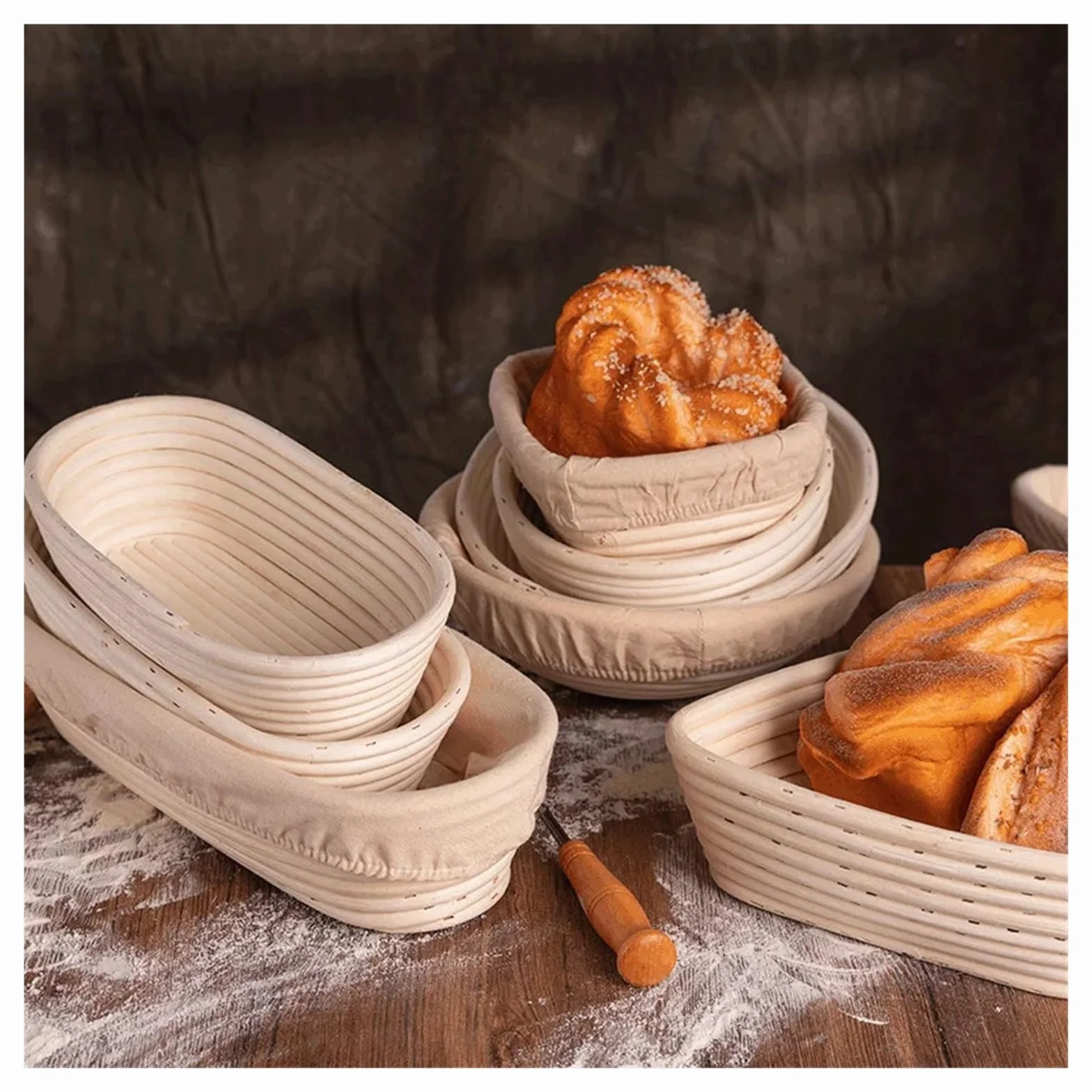 Miska do wyrastania ciasta Zestaw narzędzi kuchennych do pieczenia chleba, owalna/okrągła, ręcznie robiona miska do pieczenia z wikliny rattanowej(Oval30x14)
