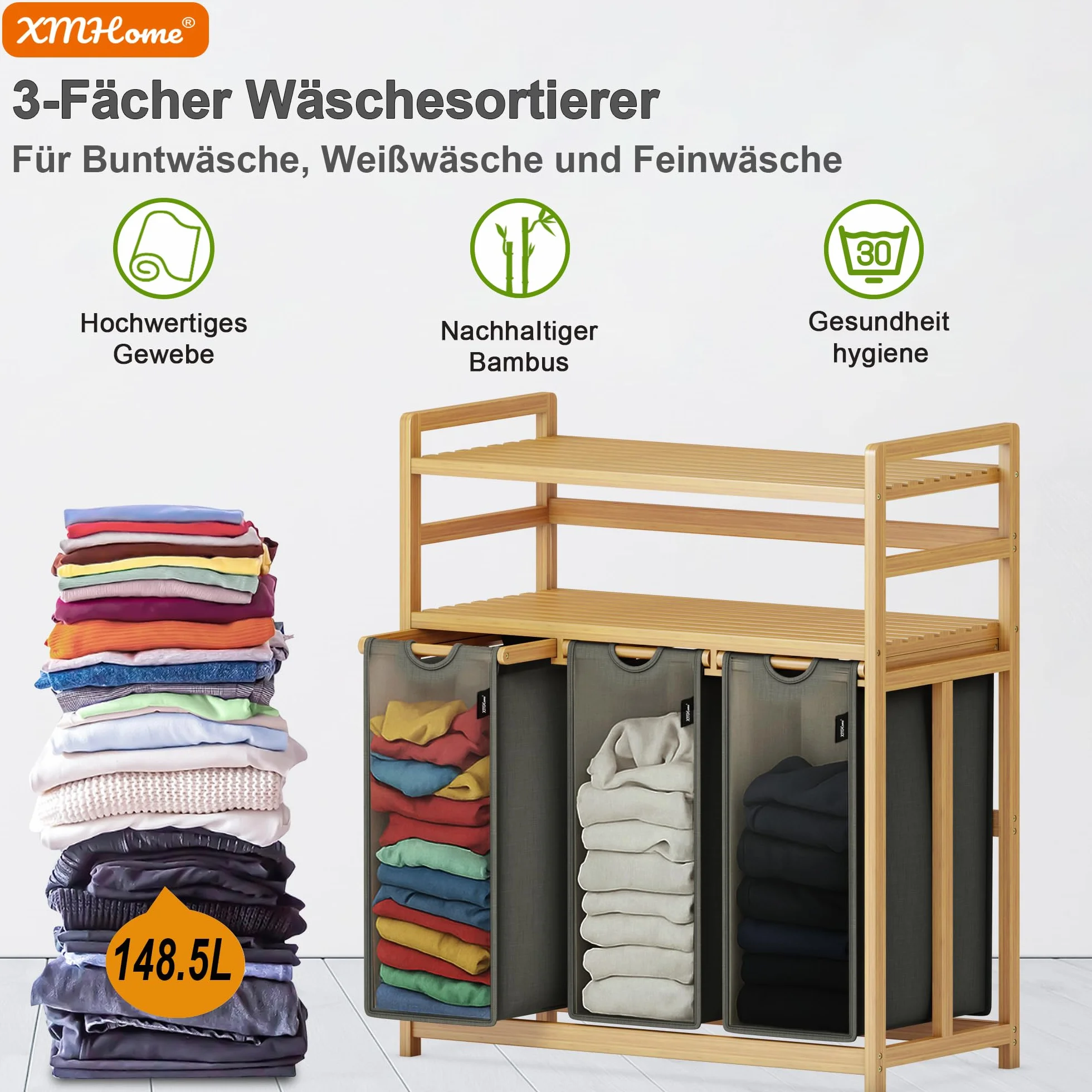 Kosz na pranie z 3 przegródkami, 148 litrów, z bambusa z 2 poziomami, duży kosz na pranie z wyjmowanym workiem na pranie, prostokątny pojemnik na pranie do łazienki, sypialni i pralni, 77,5 x