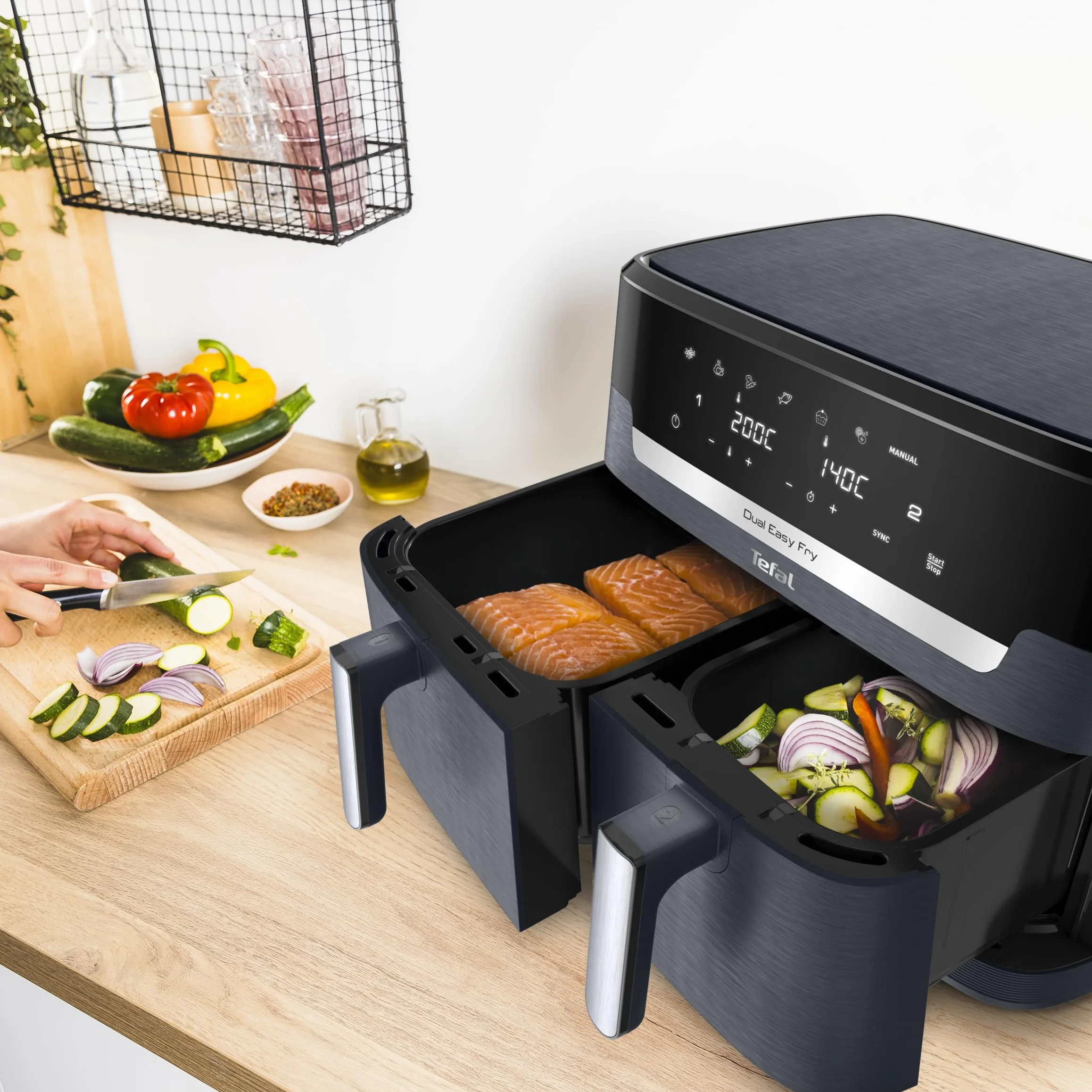 TEFAL EY942B Frytkownica beztłuszczowa Dual Easy Fry XXL dwie szuflady, pojemność 11 l, szuflada 6,5 l + szuflada 4,5 l, 99% mniej tłuszczu, 7 automatycznych ustawień gotowania, Extra Crisp, szara