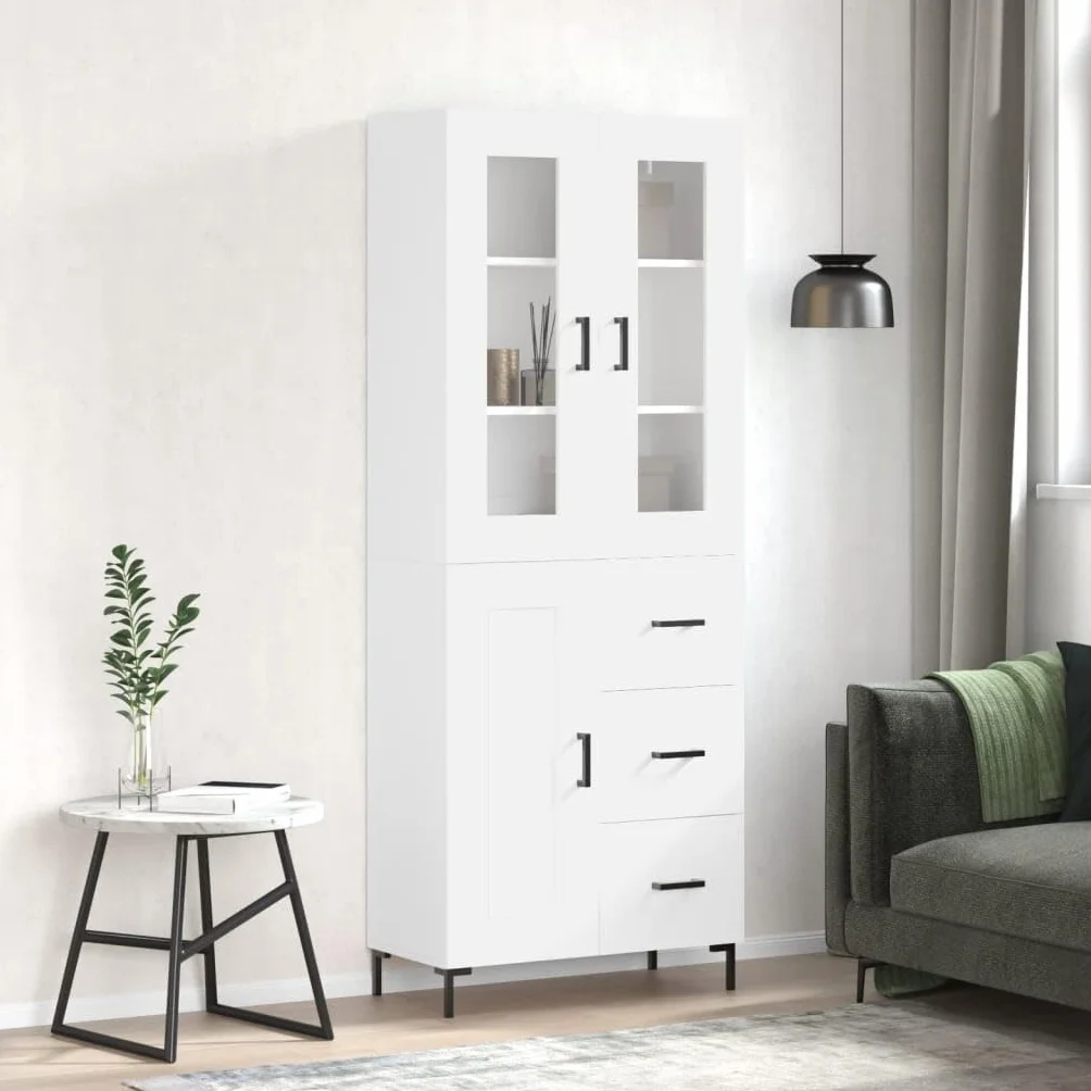 Générique Biały bufet o wymiarach 69,5 x 34 x 180 cm z drewnianymi drzwiami i metalowymi nogami, duża przestrzeń do przechowywania do organizacji codziennych niezbędników.