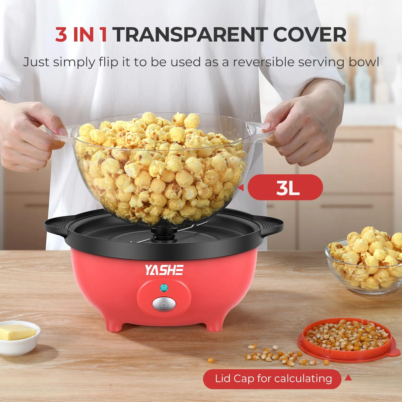 YASHE Maszyna do popcornu, elektryczna maszyna do popcornu z mieszaniem, 650 W, popcorn o pojemności 3 l, powłoka nieprzywierająca