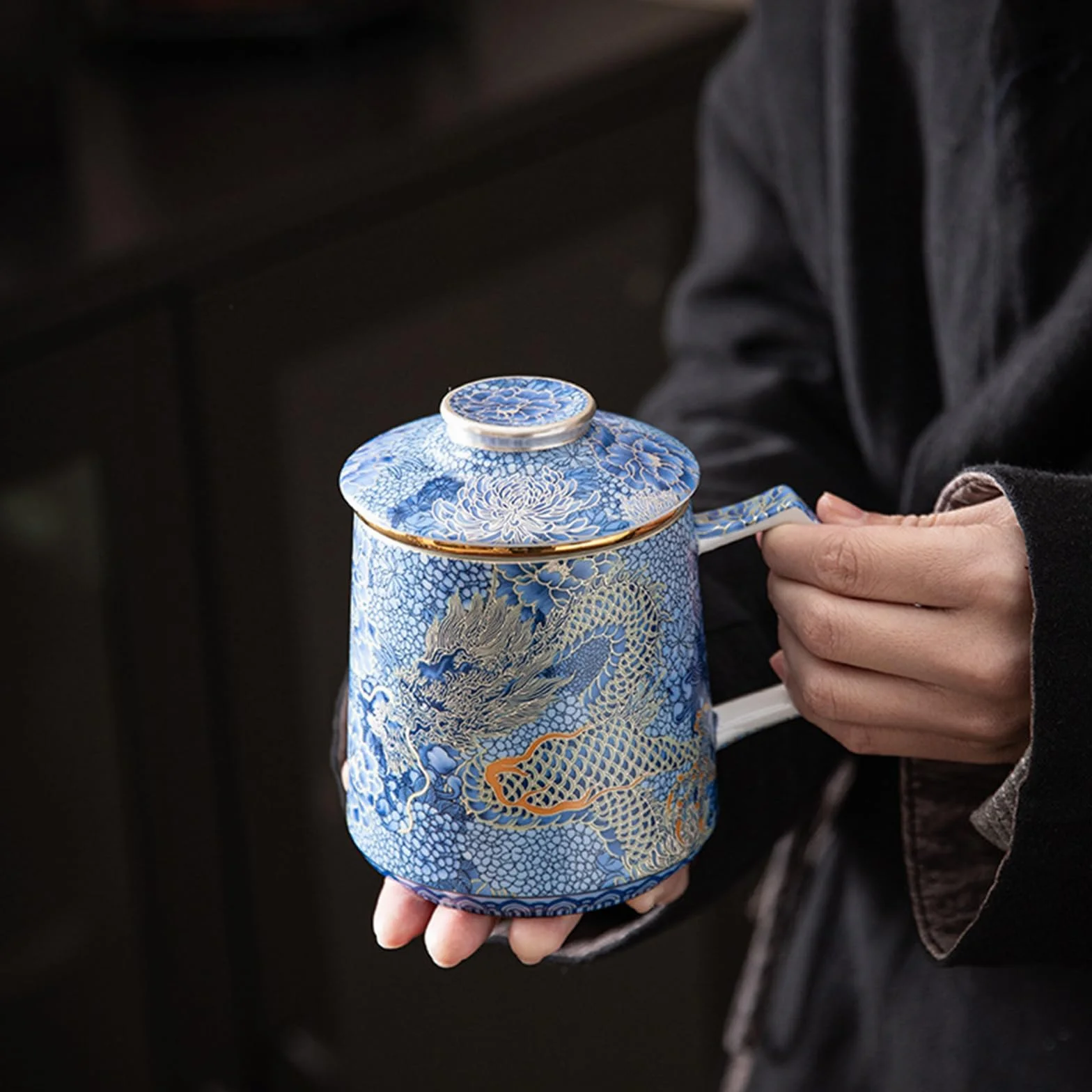 fanquare Chiński smok, filiżanki do herbaty, niebieska, porcelana, filiżanka do herbaty z zaparzaczem i pokrywką, duży kubek do herbaty, tradycyjny ceramiczny kubek do kawy z uchwytem, na prezent i do