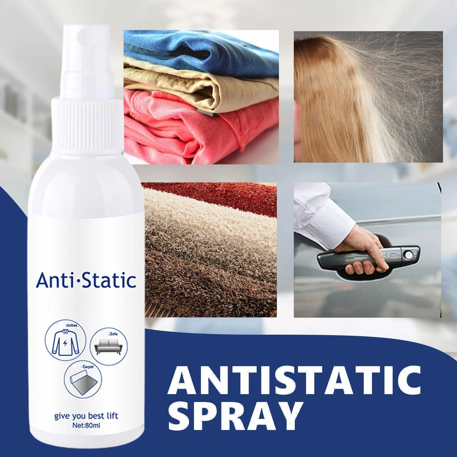 Spray statyczny, 80 ml, odświeżacz do tekstyliów, antystatyczny spray – natychmiastowy efekt wygładzania i płyn do płukania tkanin, dywanów i mebli o długotrwałym działaniu