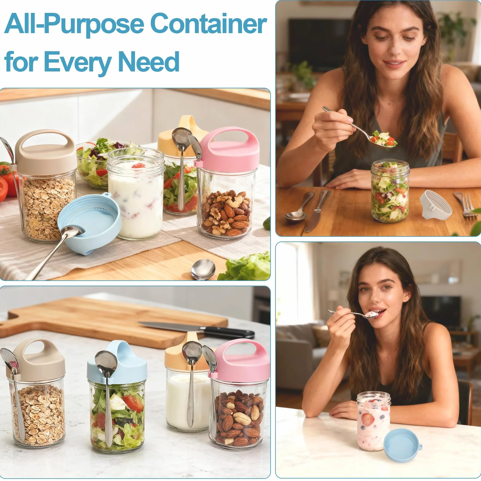 4 sztuki szklane słoiki na overnight oats z pokrywką i łyżeczką, wielokrotnego użytku, słoiki na musli na wynos, 14 uncji/410 ml, słoiki na owsiankę, jogurt, domowe musli, płatki owsiane