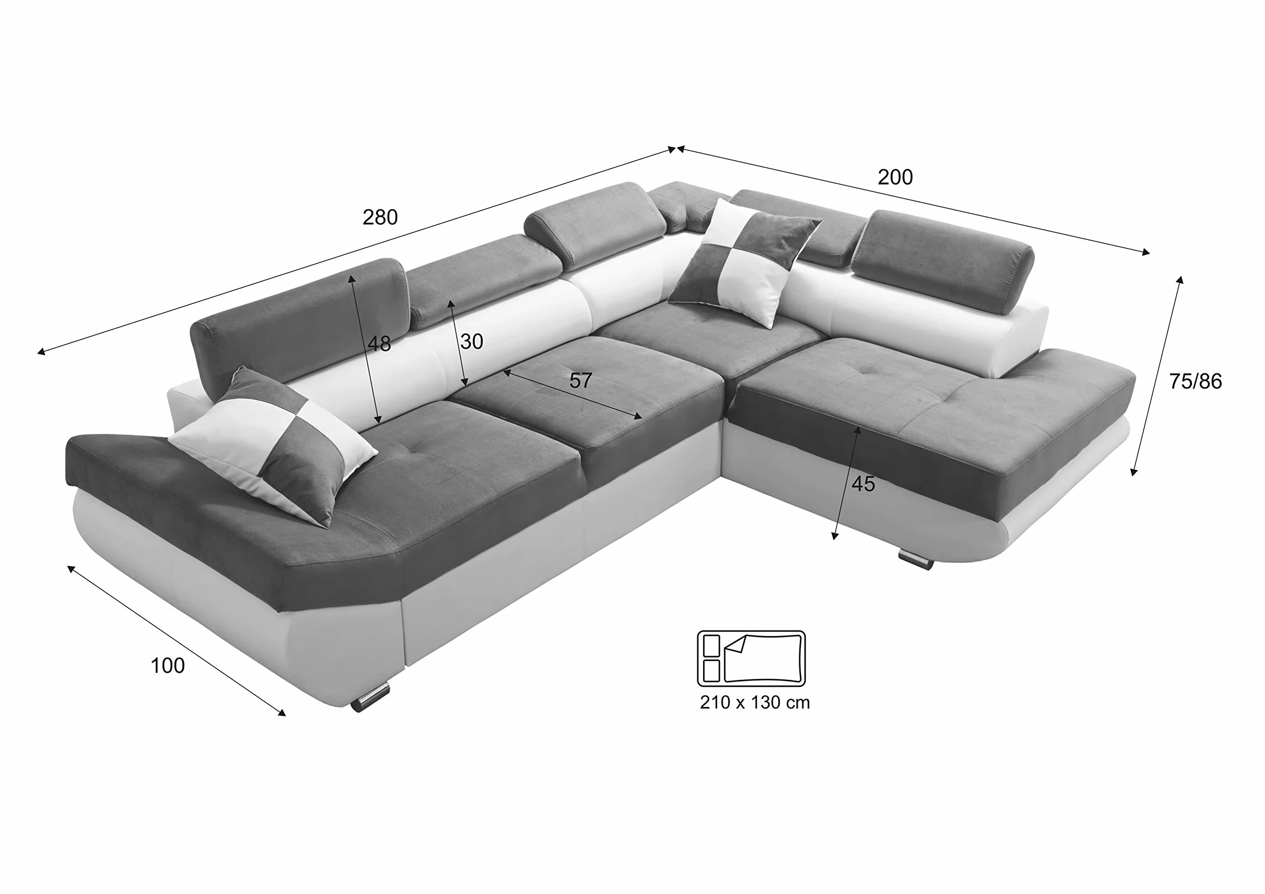 Robin Inspire Inspire Sofa narożna z funkcją spania i skrzynią na pościel, 280 cm, 4-osobowa sofa w kształcie litery L, sofa narożna z 5 regulowanymi zagłówkami i 2 poduszkami do salonu, kolor czarny