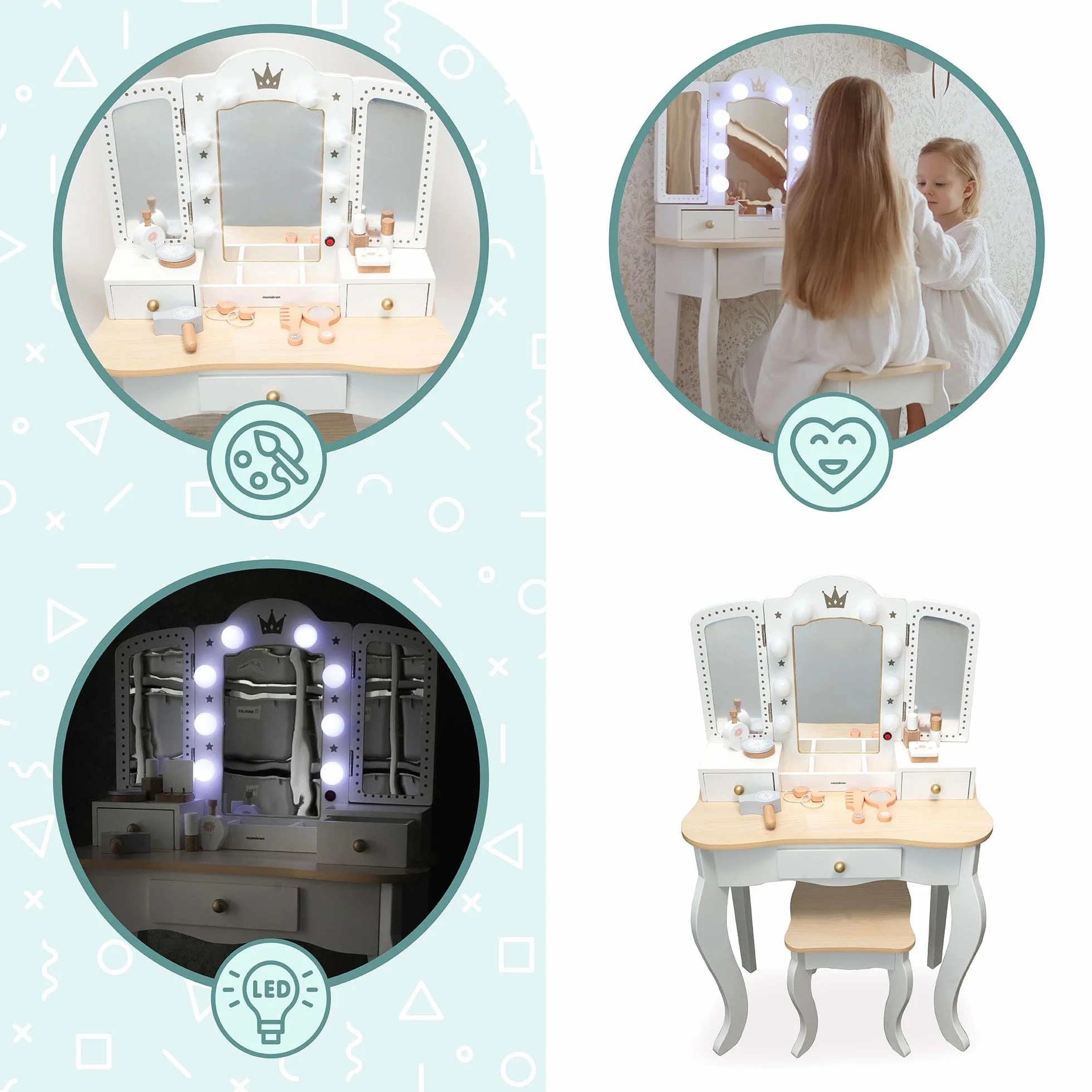 Mamabrum Drewniana Toaletka dla Dzieci 3+, XXL z Taboretem i Oświetleniem LED, 3-Skrzydłowe Lustro, Duża Szuflada, Akcesoria, Odgrywanie Ról Make-up, Solidna Konstrukcja, Zamieniana w Biurko