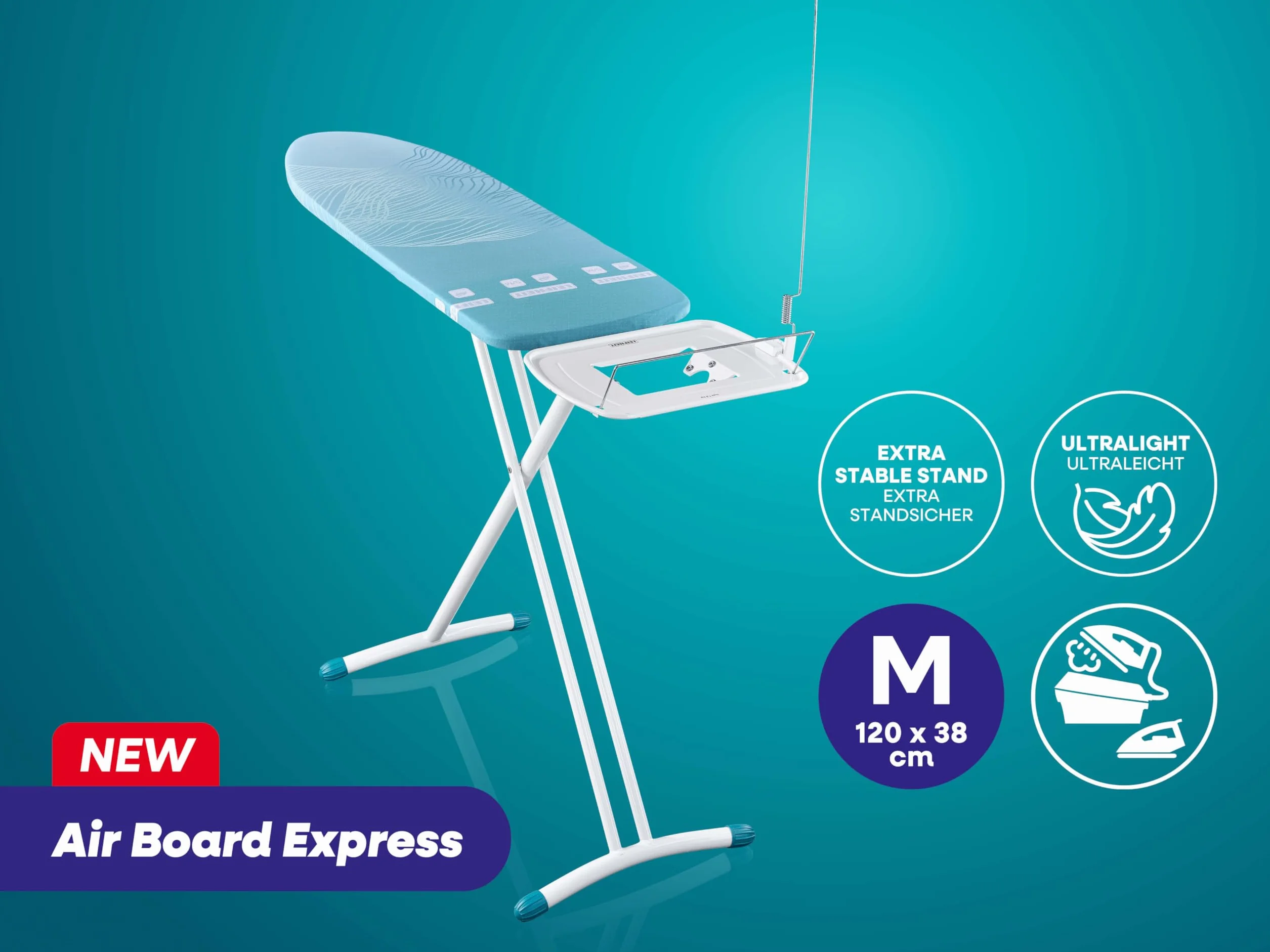 Leifheit Deska do Prasowania Air Board Express M Solid, 120 x 38 cm | Ultralekka konstrukcja, półka na stację parową, regulacja wysokości do 100 cm, uchwyt na kabel i wieszaki