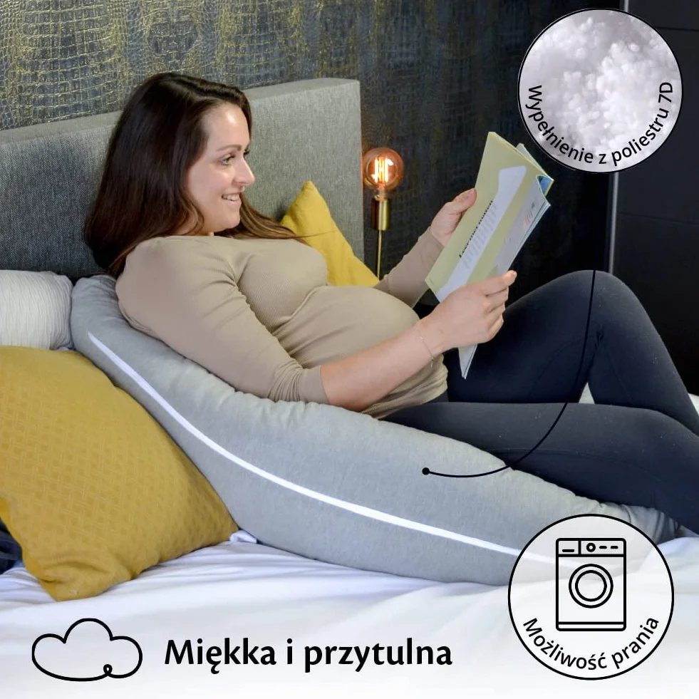 Ella Poduszka do Spania dla Kobiet w Ciąży - Poduszka dla Ciężarnych, Karmiących i Śpiących na Boku Mam - Poliesterowe Wypełnienie, Zdejmowany Pokrowiec z Bawełny - Forma J, 155x80cm, Szara