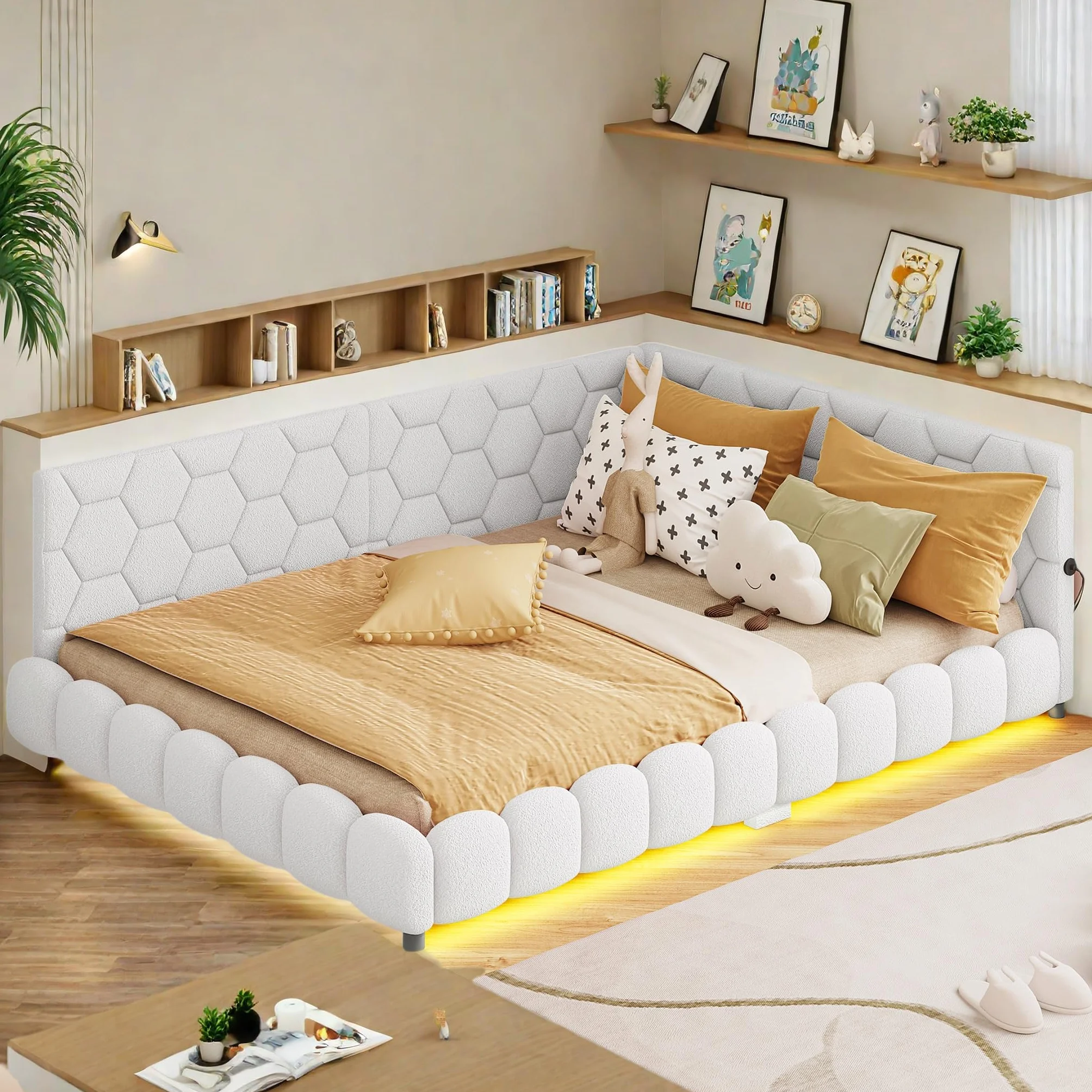 Łóżko tapicerowane z funkcją rozkładanego kanapy 140x200cm, z oświetleniem otoczenia i złączem USB, łóżko dziecięce z stelażem listwowym, łóżko wielofunkcyjne, łóżko młodzieżowe, materiał z