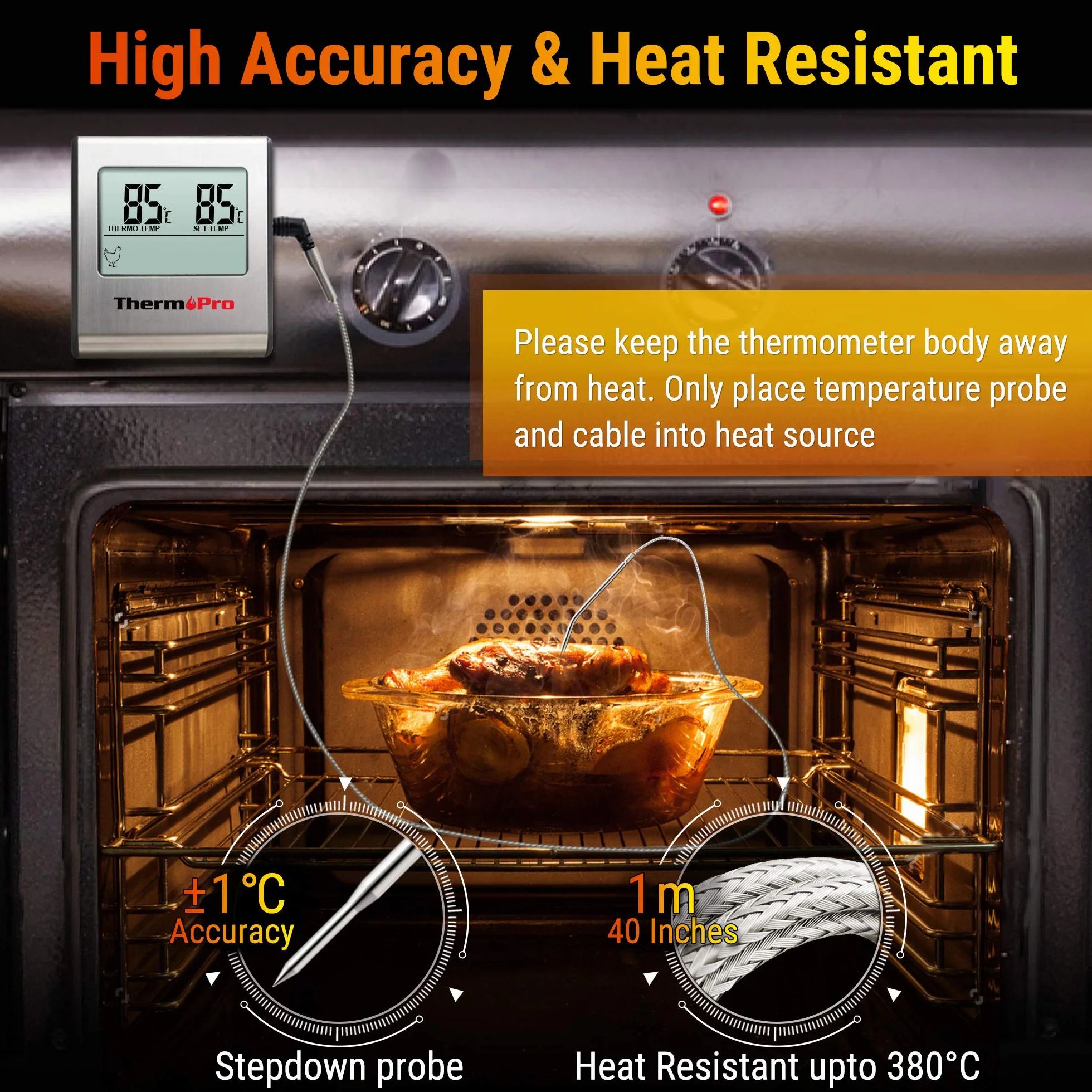 Thermopro Tp16 Cyfrowy Termometr Do Mięsa Z Długą Sondą Temperatury żywności Ze Stali Nierdzewnej Do Płynów, Piekarnika, Wędzarni, Słodyczy, Głębokiego Smażenia Termometr żywności Z Alarmem Czasowym