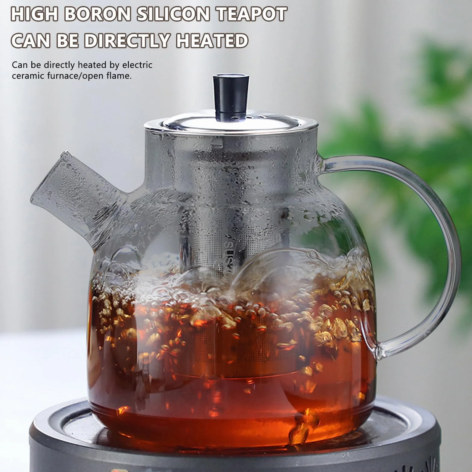 Czarny dzbanek do herbaty 1500 ml z podgrzewaczem, szklany zaparzacz do herbaty z sitkiem, szklany dzbanek z sitkiem, dzbanek do herbaty ze szkła borokrzemowego, dzbanek do herbaty sypkiej, torebki