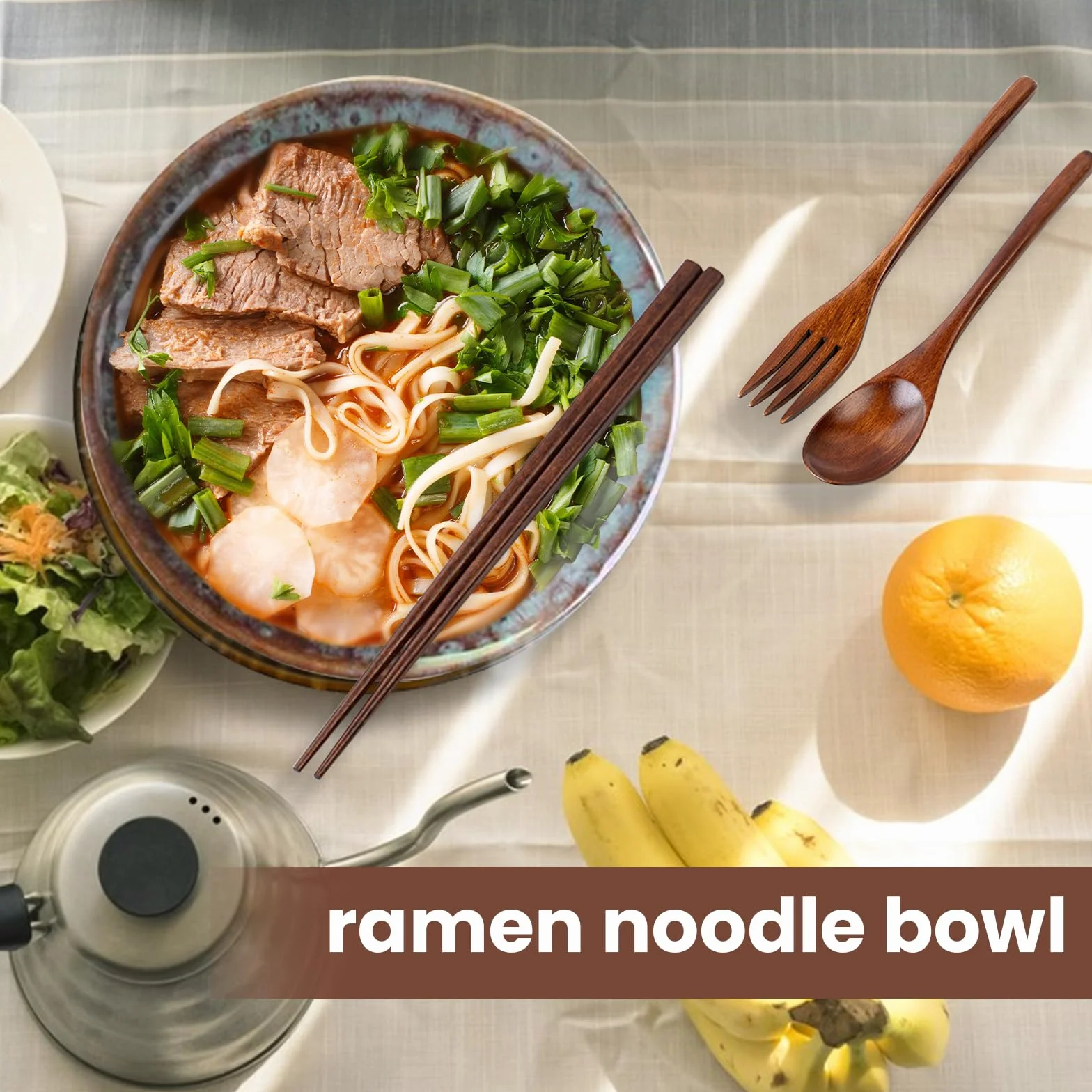 2 sztuki miski na zupę z pałeczkami, widelcem i łyżkami, zestaw 1200 ml miski na ramen, miska do sałaty z ceramiki na udon, azjatyckie makarony, 20 cm duża miska (Pfauenschwanz)