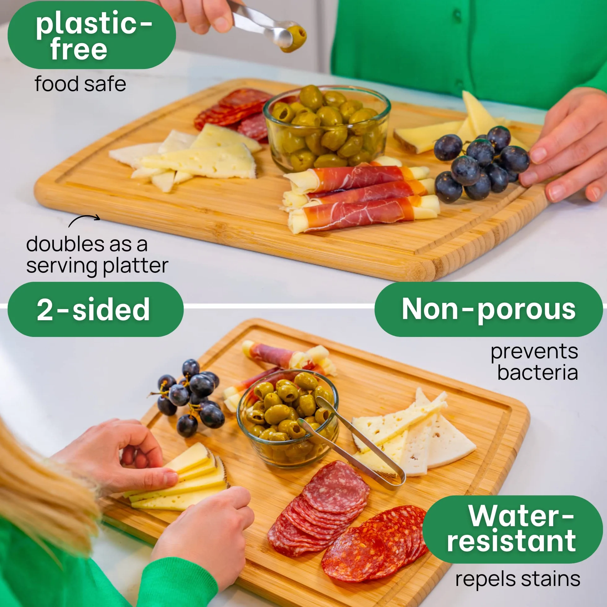 GREENER CHEF 38 cm bambusowa deska do krojenia z dożywotnimi zamiennikami – średnia drewniana deska do krojenia do kuchni, bloku rzeźniczego, mięsa, warzyw, wędlin i serów