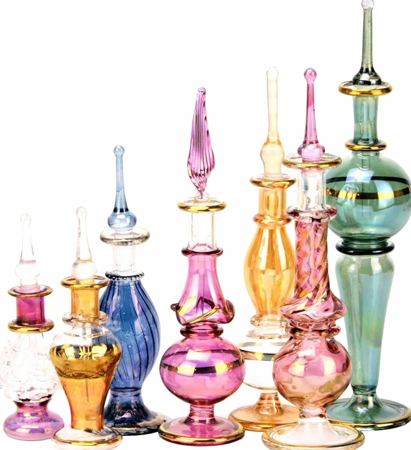 NileCart Egipskie butelki na perfumy, 5-12,5 cm, zestaw 6 dmuchanych ustami, dekoracyjne szkło z ręcznie wykonanymi złotymi egipskimi dekoracjami do perfum i olejków eterycznych