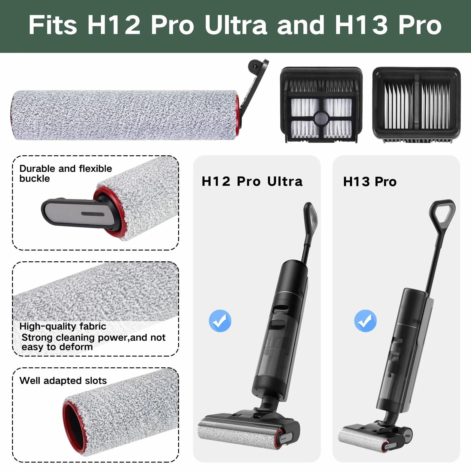 7 sztuk akcesoriów do Dreame H12 Pro Ultra/H13 Pro, części zamienne do odkurzacza na mokro i sucho, 2 rolki szczotki + 4 filtry + 1 szczotka do czyszczenia