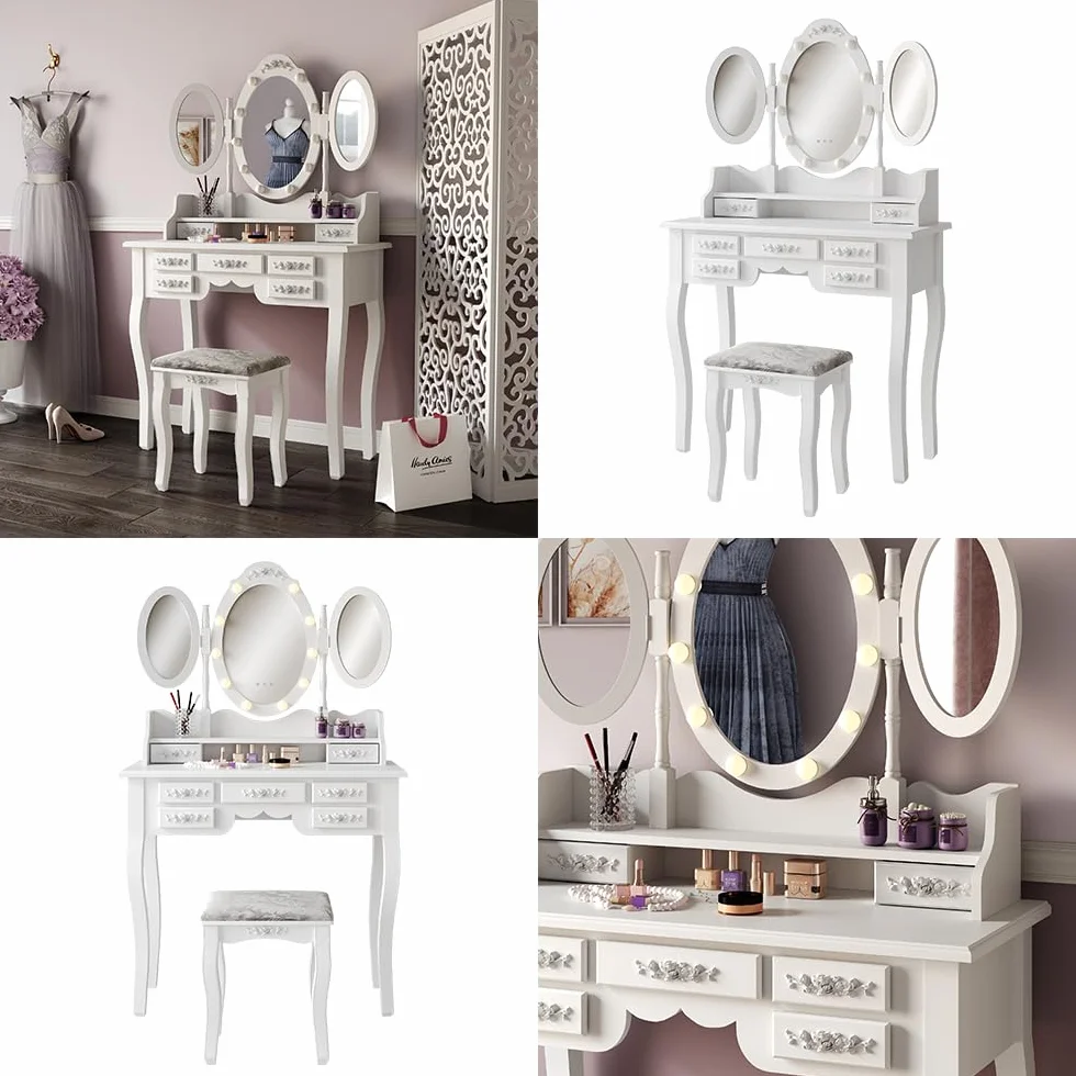 Vicco Stół do toalety "Diana", Biały, 90 cm | z oświetleniem i stołkiem, avec éclairage LED et tabouret, miroir réglable en hauteur