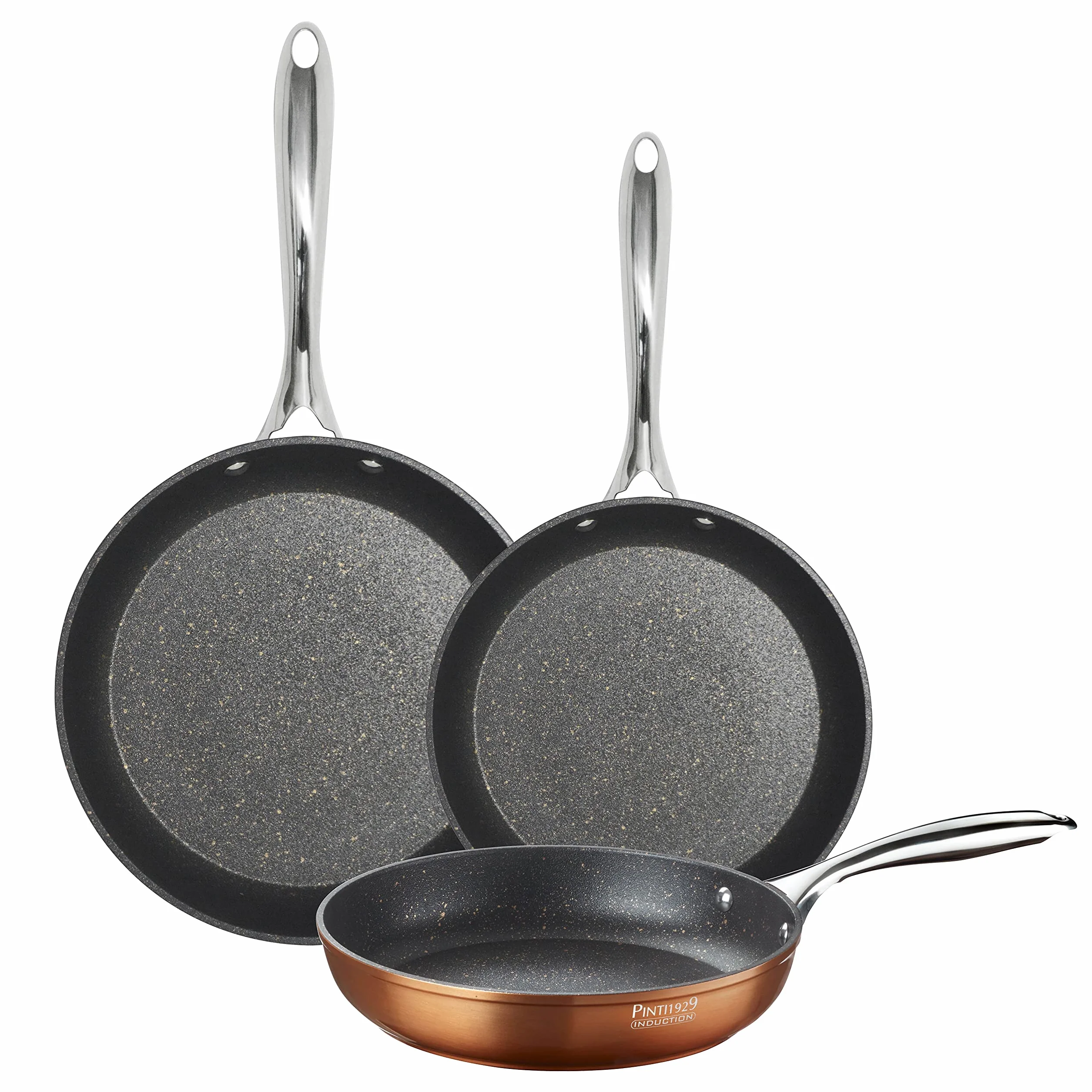 PINTINOX, Zestaw 3 Patelnie Metallic Kute Aluminium, Wewnętrzna Non-stick, Nadaje się do indukcji Średnica 20-24-28 cm