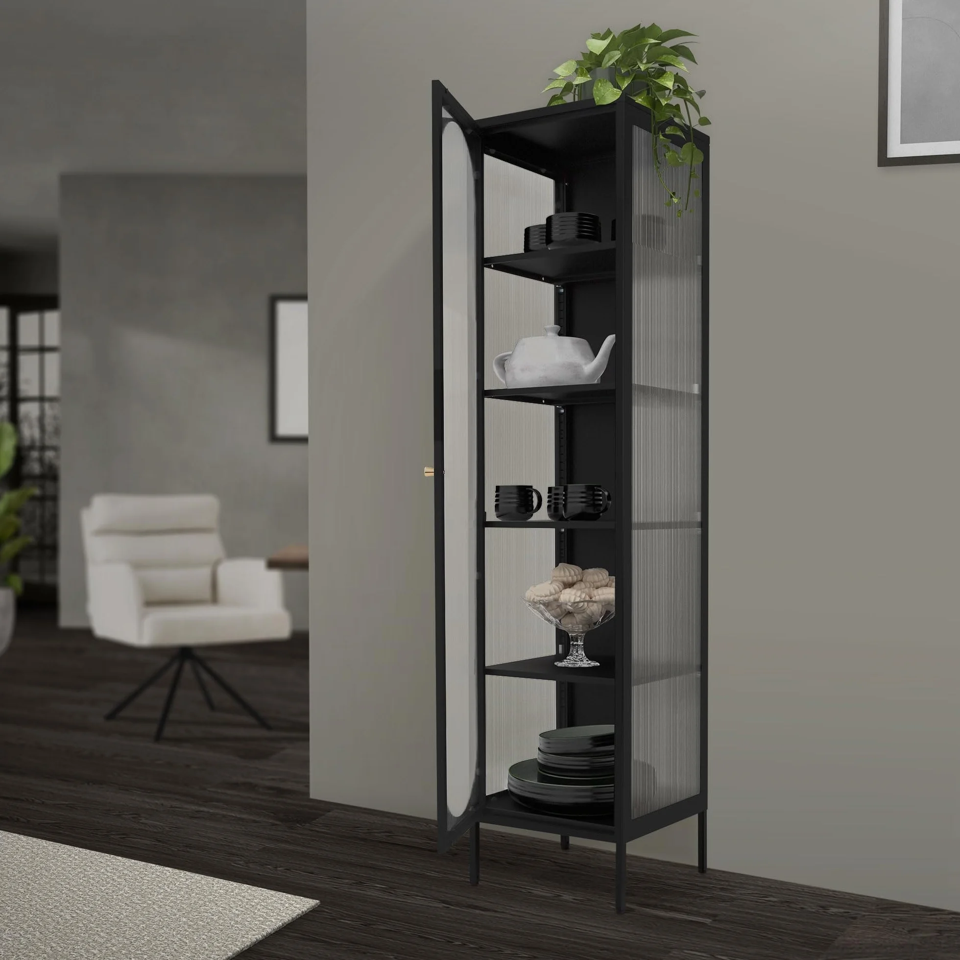 Gablota metalowa 42x175x40 cm czarna wąska z 5 półkami i drzwiami industrialna szafka na dokumenty