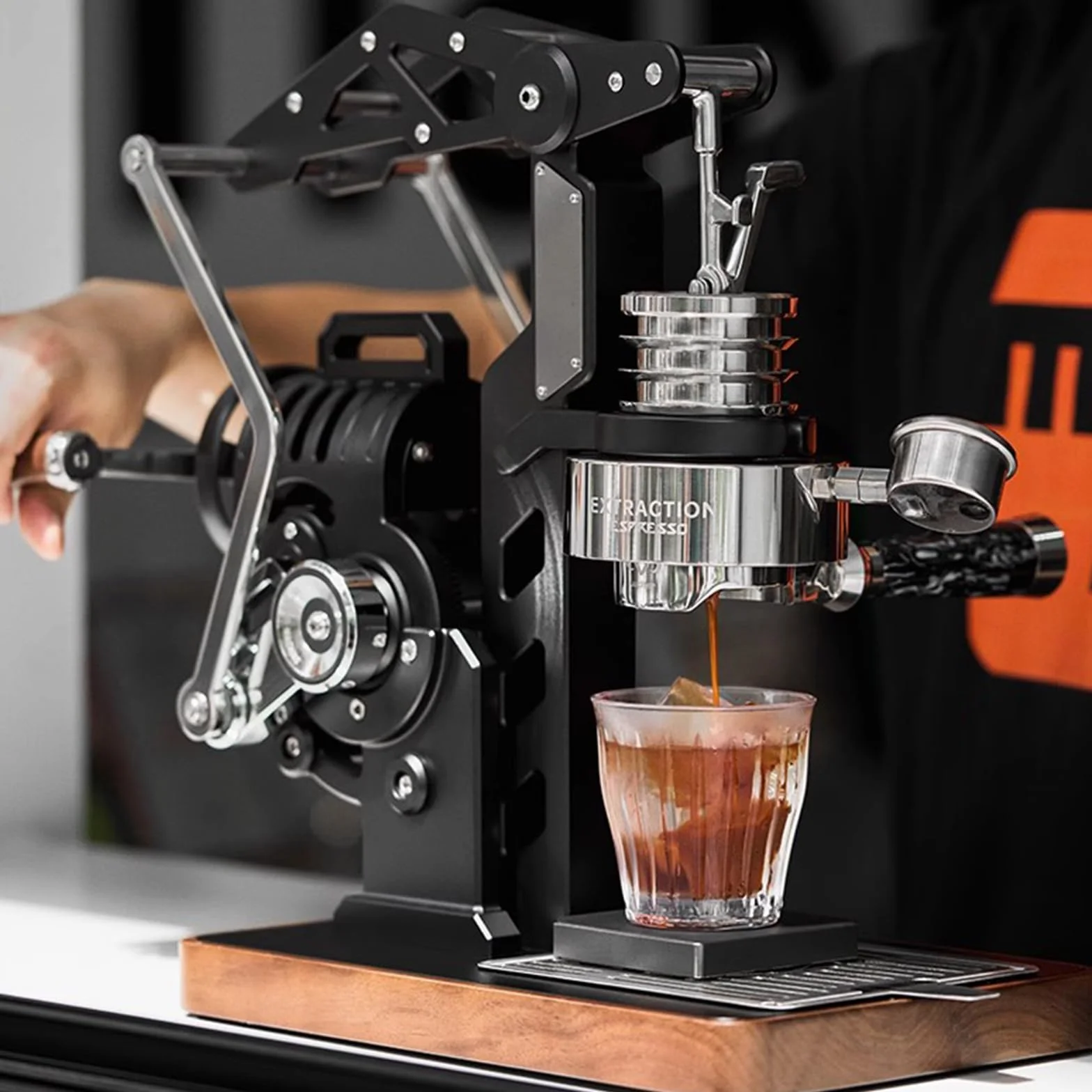 Ręcznie korbkowa ekspres do espresso, 18-barowy mechaniczny ekspres do kawy z manometrem, do kolby 58 mm, bezprądowy - czarny, do użytku komercyjnego i domowego