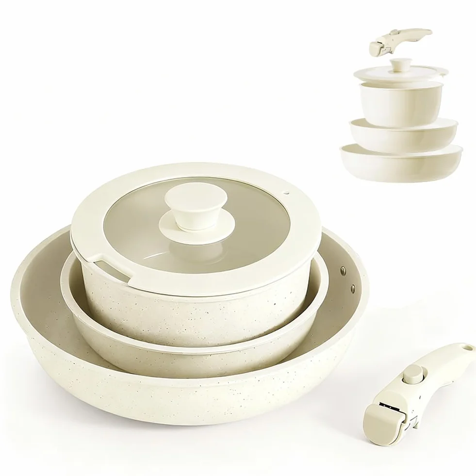 Zestaw naczyń ceramicznych 16/18/20 cm ze zdejmowanym uchwytem i pokrywką 3 w 1, nieprzywierająca do wszystkich rodzajów kuchenek, nadaje się do piekarników, nadaje się do mycia w zmywarce, zajmujący