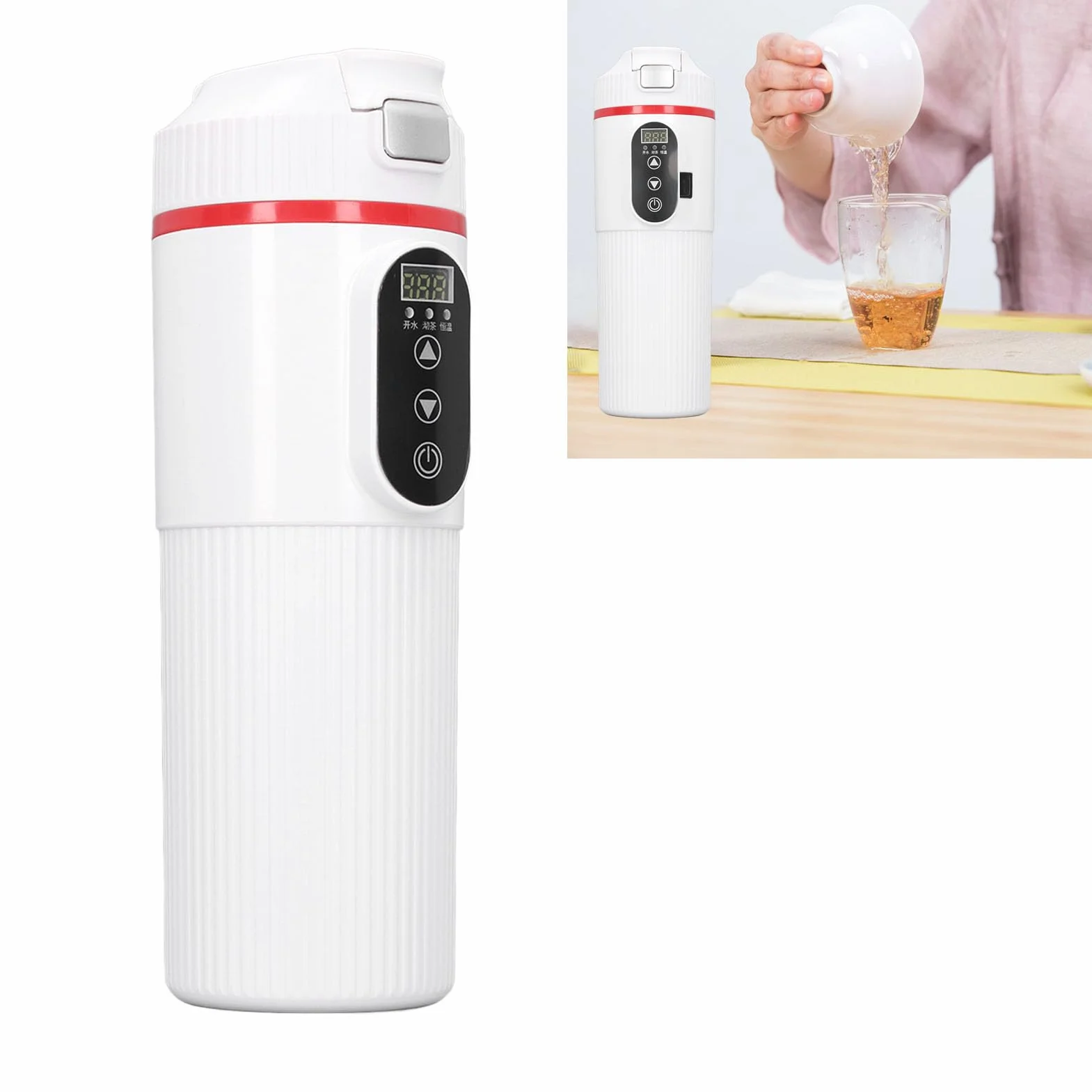 Qcwwy Czajnik Elektryczny 500 Ml, Podgrzewany Kubek Samochodowy ze Stali Nierdzewnej 12 V 24 V z zapalniczką Przenośny Bojler Podróżny Elektryczny Kubek Grzewczy do Kawy i Herbaty (WHITE)