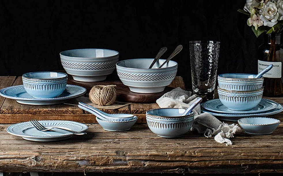16-częściowy zestaw naczyń z kamionki, z aktywną glazurą z porcelany, serwis dla 6 osób, nadaje się do kuchenki mikrofalowej i mycia w zmywarce