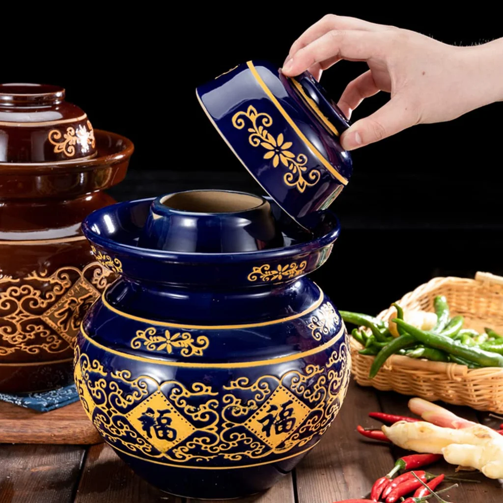 Naczynie do fermentacji, Tradycyjny chiński ceramiczny słoik do kiszenia z pokrywką uszczelką wodną, ​​duży, pogrubiony garnek kimchi(Blu,5KG)