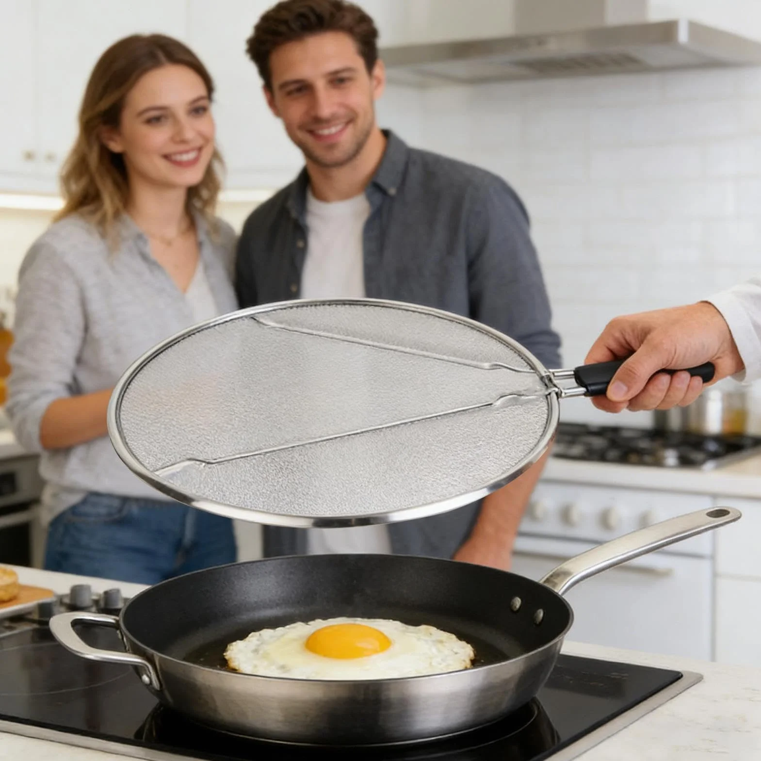 Grease Splatter Guard - Fine Mesh Screen, Protector Kitchen Tool for Searing Meat, Premium Quality Shield, Cooking Pot Accessory with Heat Resistant Handle, Frying Pan Set for Sizzling and Grilling