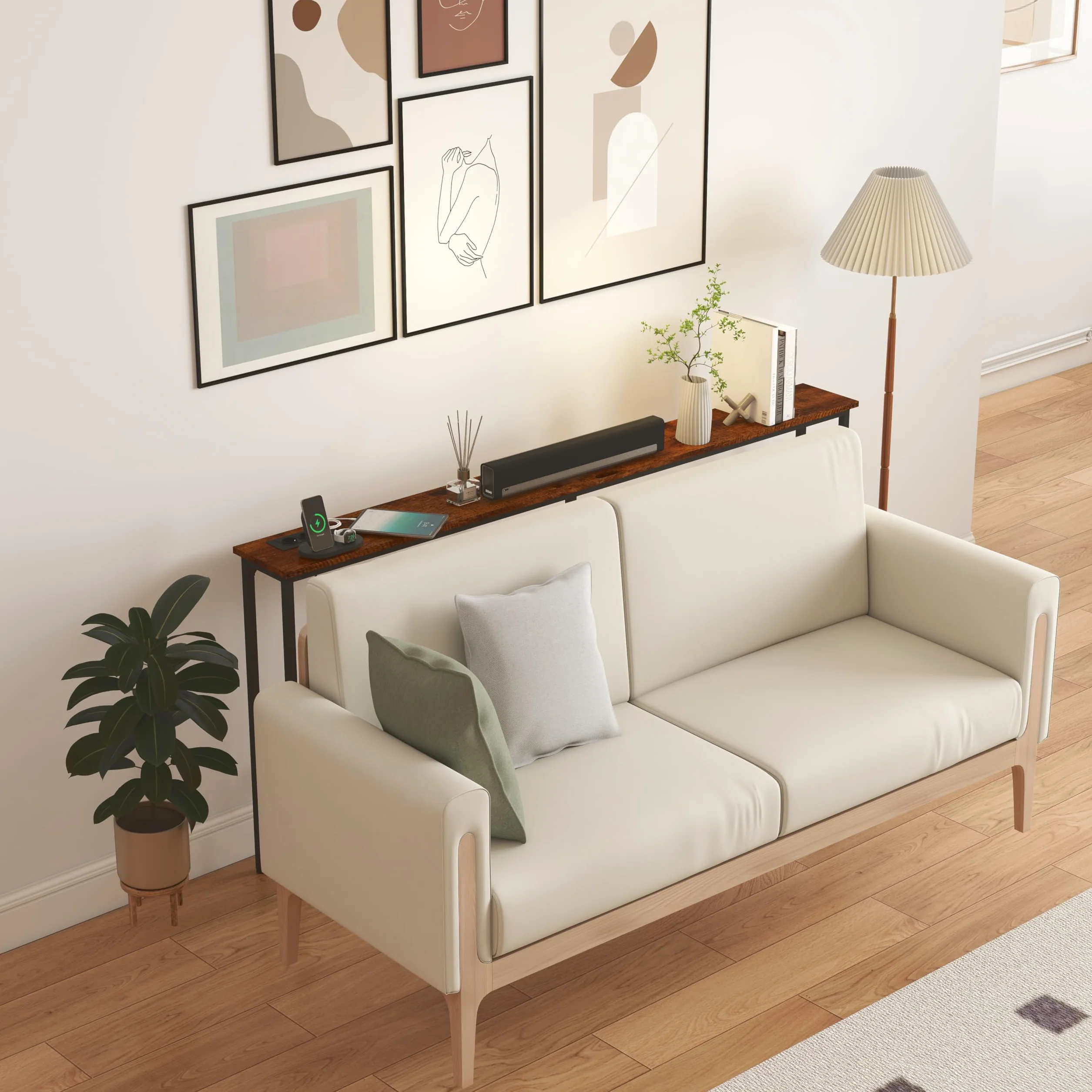 Stolik konsolowy wąski, 180 cm szerokości, stolik konsolowy z gniazdkiem, wąski stolik pomocniczy, sofa do wejścia, korytarza, werandy, na balkon, meble, brązowy i czarny, 180 x 20 x 80 cm, 1 sztuka