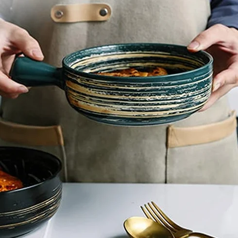GRFIT Miski na płatki zbożowe Japońska, ręcznie malowana ceramiczna miska do pieczenia, miska do sałatki owocowej, miska z uchwytem do mikrofalówki, ser do pieczenia, do zupy, sałatki, śniad