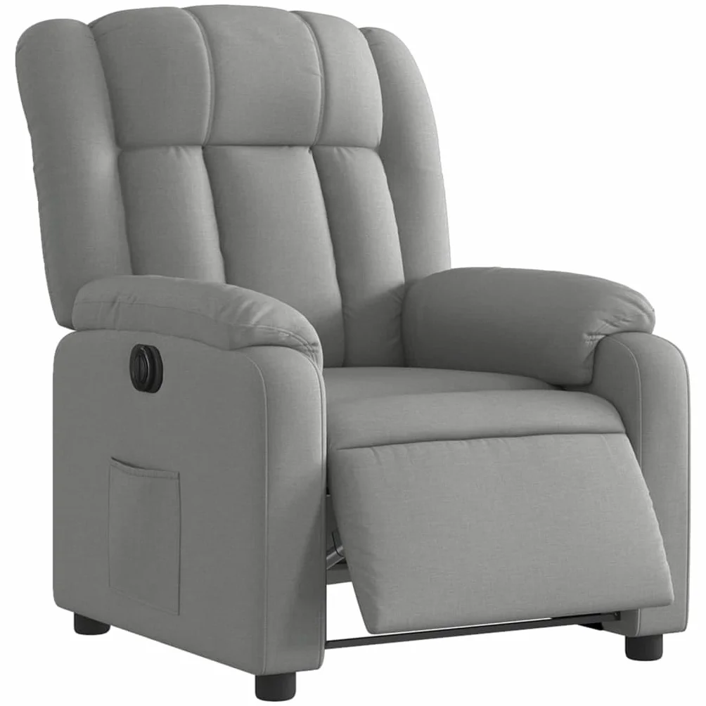 Fotel relaksacyjny, elektryczny, jasnoszary, materiał z funkcją leżenia, regulowany, wygodne siedzisko z podłokietnikami, metalowa i drewniana rama, ergonomiczny do salonu, kącika do czytania
