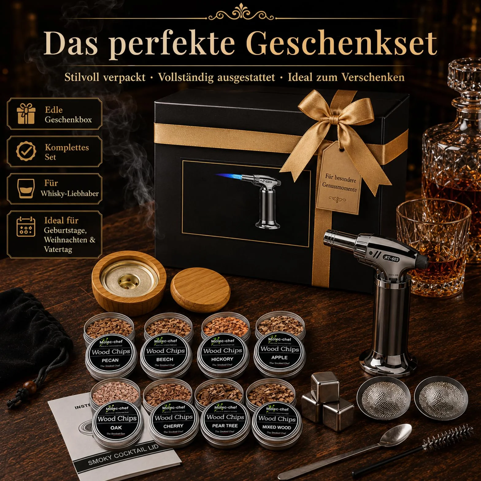 Zestaw wędzarniczy do whisky z pochodnią, zestaw do wędzenia koktajli, 8 rodzajów drewna i akcesoriami, zestaw do wędzenia do drinków dla Old Fashioned & Bourbon – pomysł na prezent dla