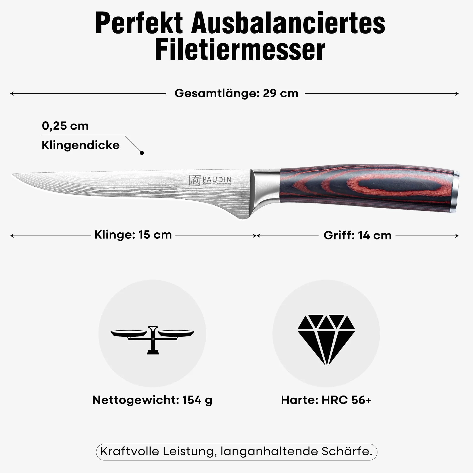 PAUDIN 15 cm nóż do filetowania, nóż kuchenny z wysokiej jakości stali nierdzewnej, profesjonalny nóż szefa kuchni z ostrym ostrzem