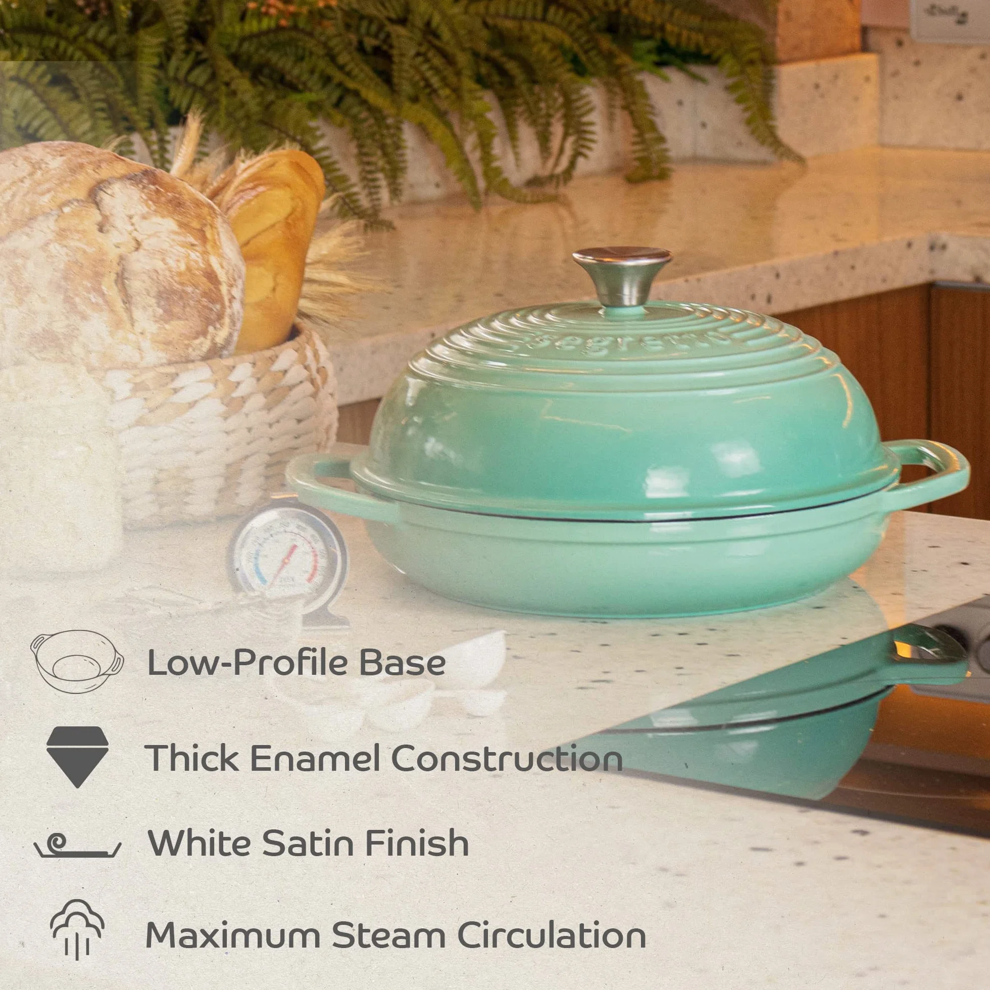 Emaliowana żeliwna forma do chleba z pokrywką, 28 cm, zielony chleb, żeliwna blacha do pieczenia na zakwasie, holenderski piec do chleba, nie wymaga przypraw- Segretto Cookware