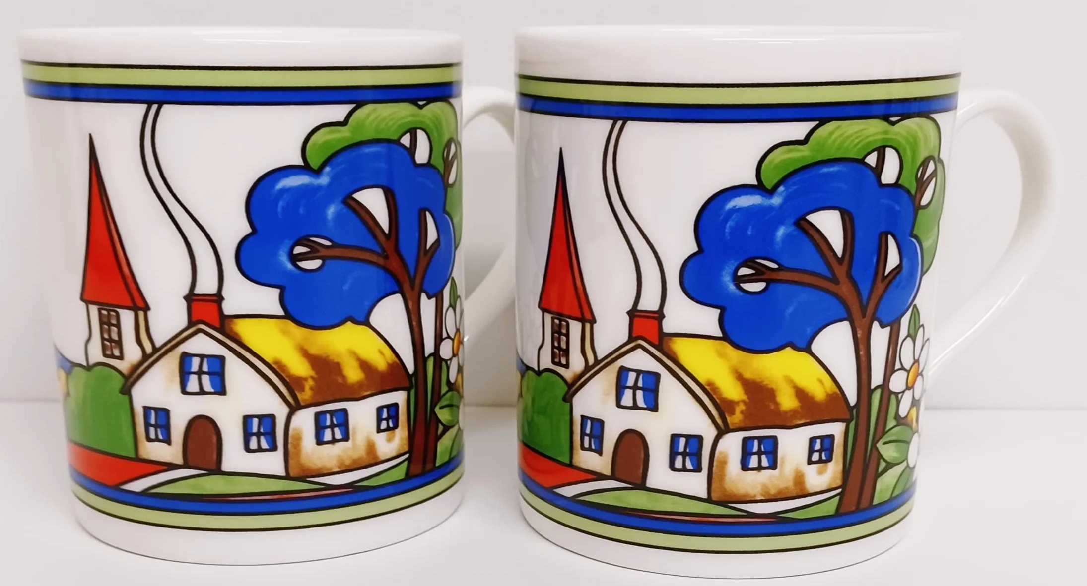Village Art Deco kubki, zestaw 6 dużych kubków Balmoral, 425 ml, wysokiej jakości porcelana kostna, ekskluzywne, wiejskie kubki do sceny, ręcznie dekorowane w Wielkiej Brytanii