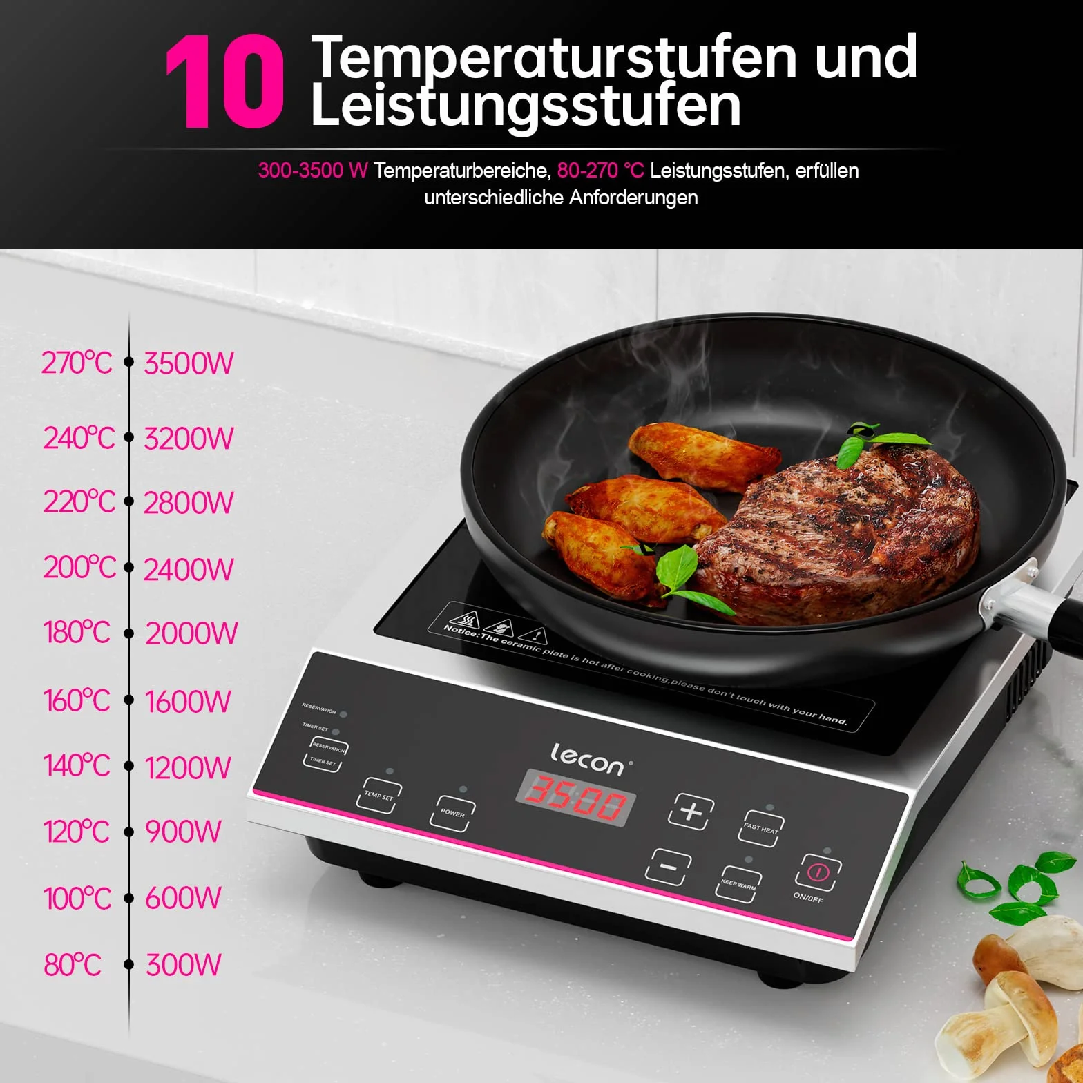 Lecon płyta indukcyjna, 3500 W, z timerem włączania/wyłączania i funkcją izolacji, duża nośność 50 kg, obudowa ze stali nierdzewnej, regulacja temperatury, płyta grzewcza
