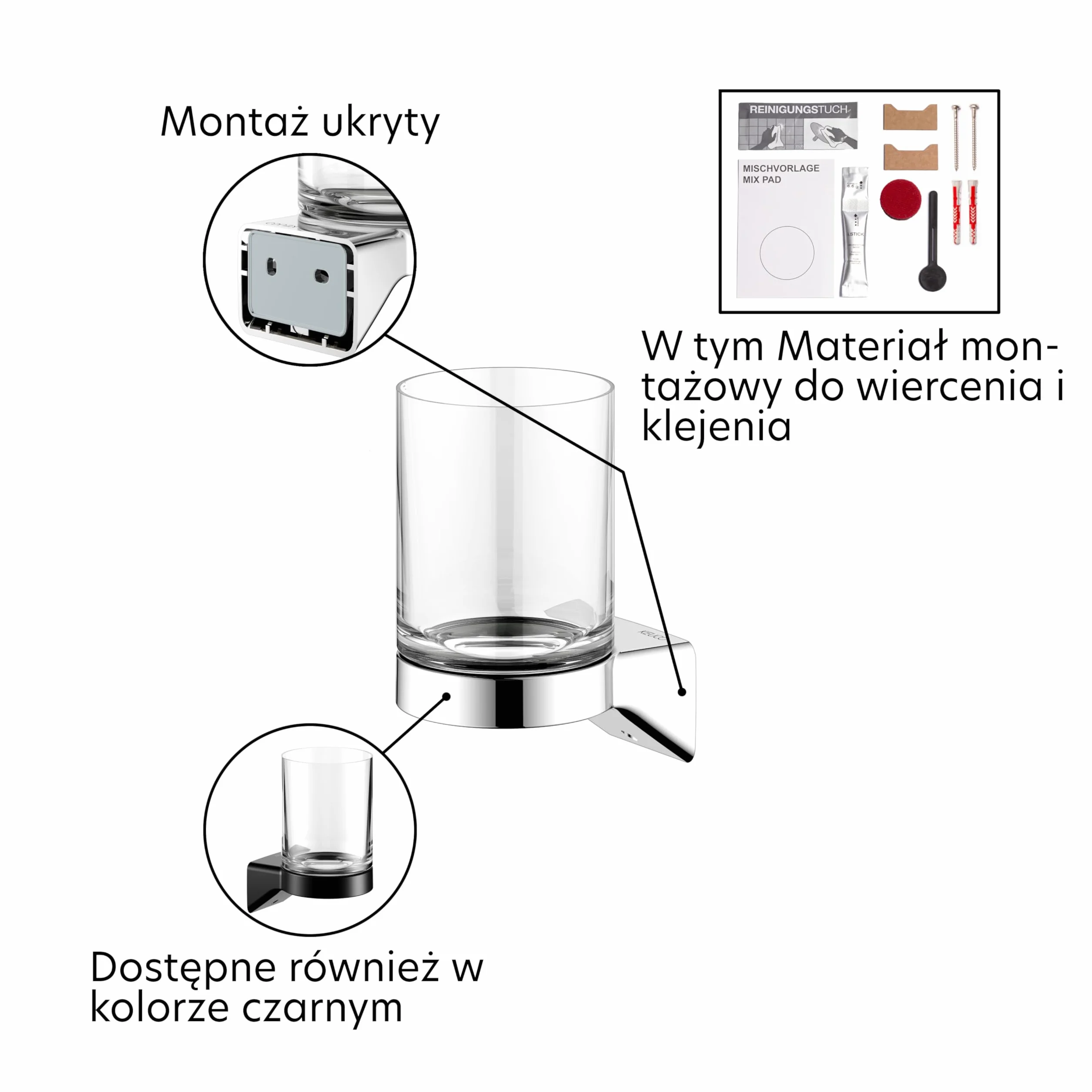Keuco Rose Kubek do mycia zębów ze szkła z uchwytem, bez wiercenia, chrom | z zestawem do klejenia i wkręcania, metalowym uchwytem na kubek do klejenia lub wkręcania