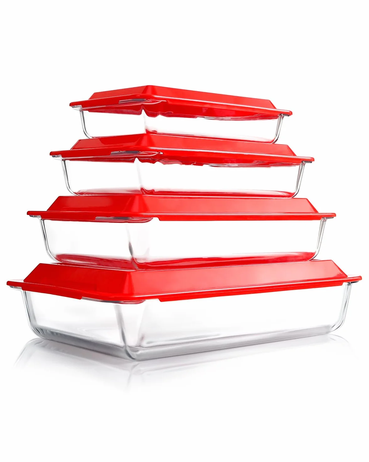 Zestaw 4 szklanych naczyń do pieczenia z pokrywkami, lasagne do piekarnika, prostokątne szklane naczynia do pieczenia (1,0 + 1,7 + 2,8 + 4,2 l)