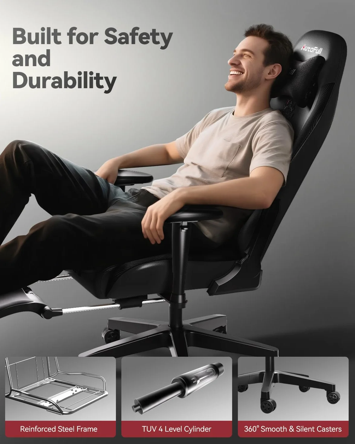 AutoFull C3 Ergonomiczny fotel biurowy z bionicznym podparciem lędźwiowym 3D, styl wyścigowy, wysokiej jakości skóra poliuretanowa, dla graczy, z podnóżkiem i zagłówkiem, czarny