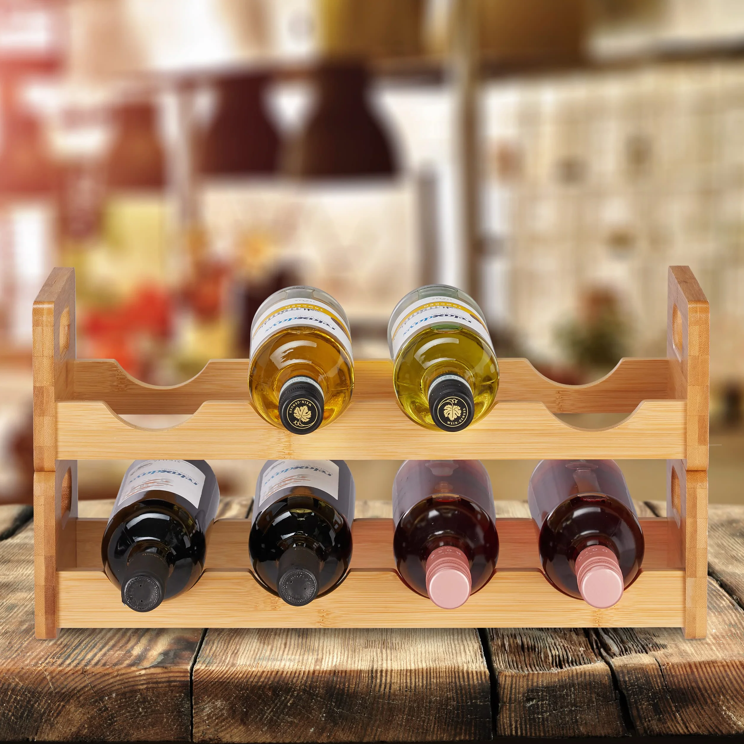 Relaxdays Regał na wino, oszczędzający miejsce półka na 8 butelek, poprzeczny, regał na butelki z bambusa, wys. x szer. x gł.: 24 x 47 x 18 cm, kolor naturalny