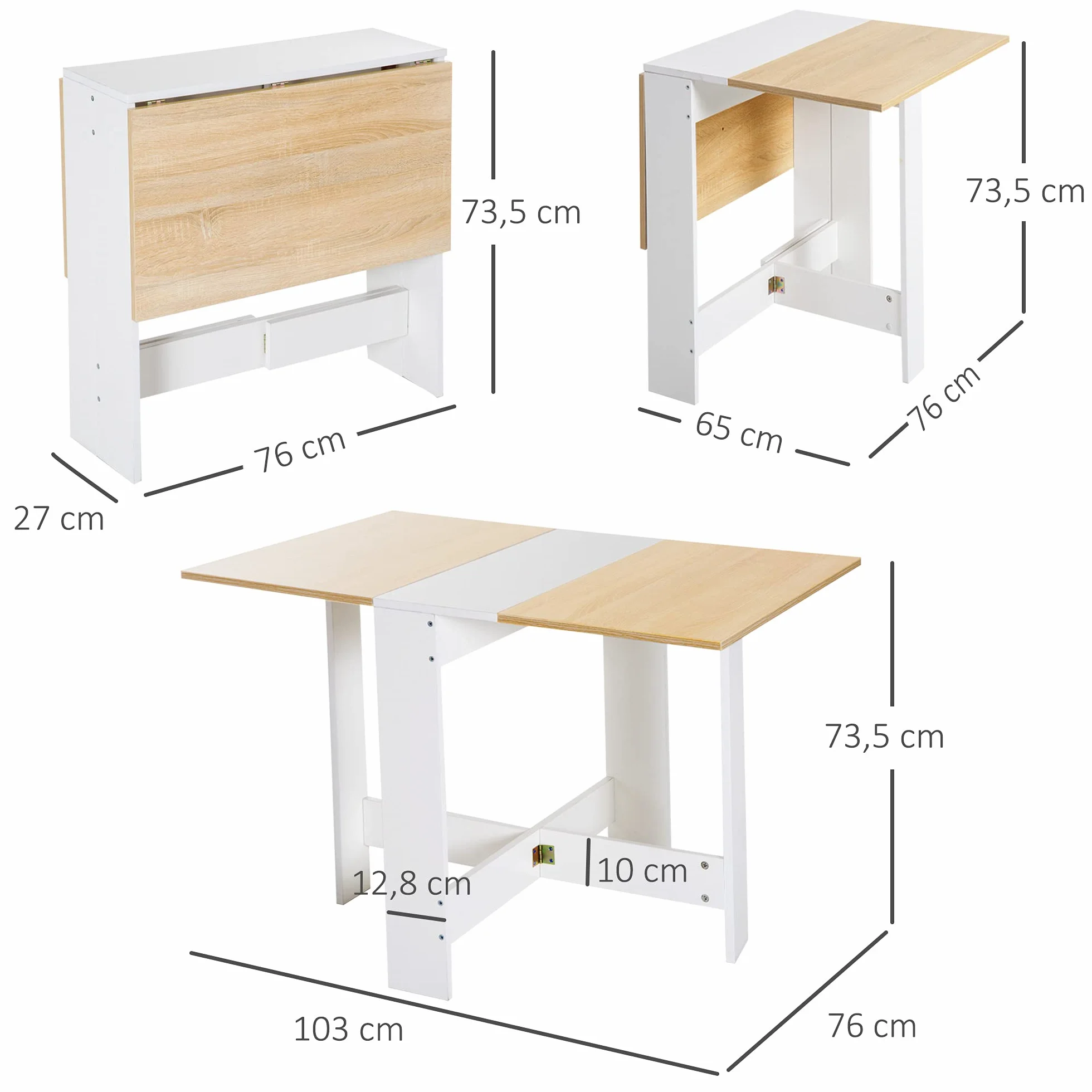 HOMCOM Składany stół kuchenny 103 dł. x 76 cm x 74 cm z dwukolorowego drewna dąb biały