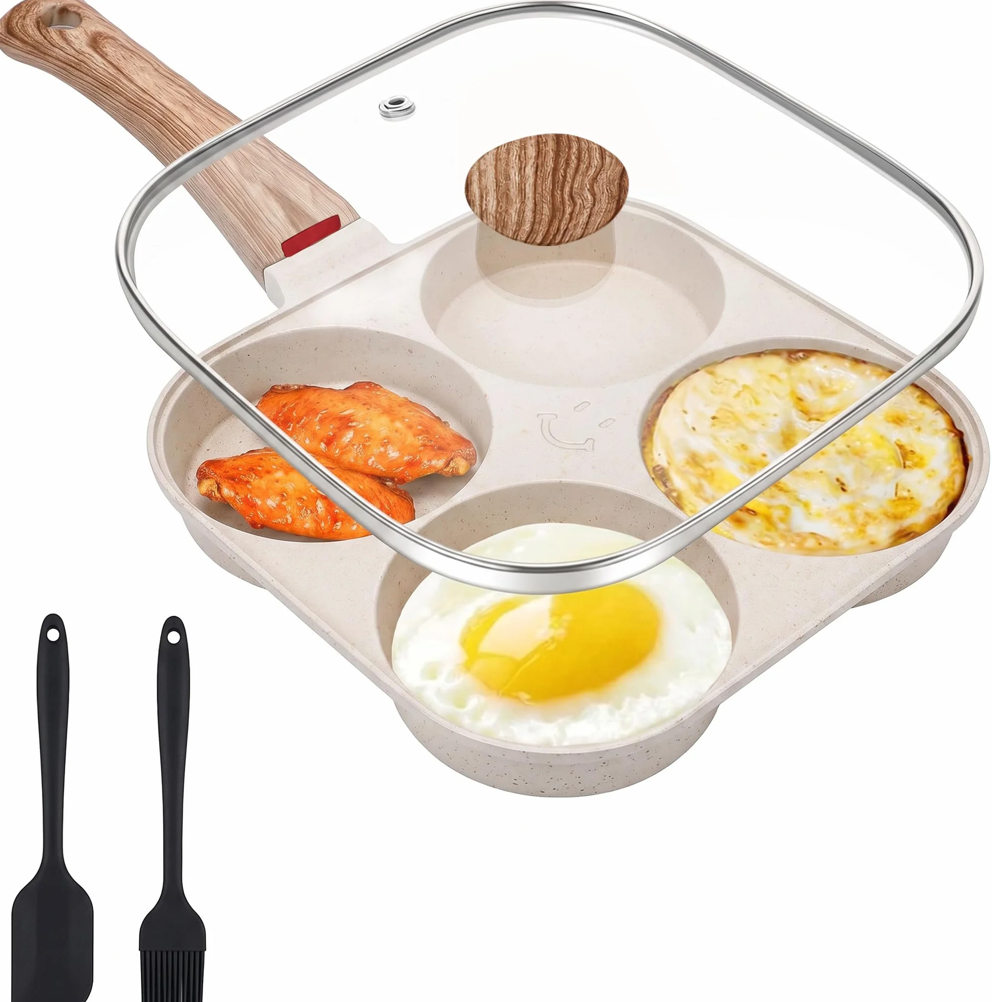 4 otworowa Patelnia do omletów, nieprzywierająca patelnia do jajek, patelnia do jajek z pokrywką, patelnia do naleśników, odpowiednia do kuchenki gazowej i kuchenki indukcyjnej