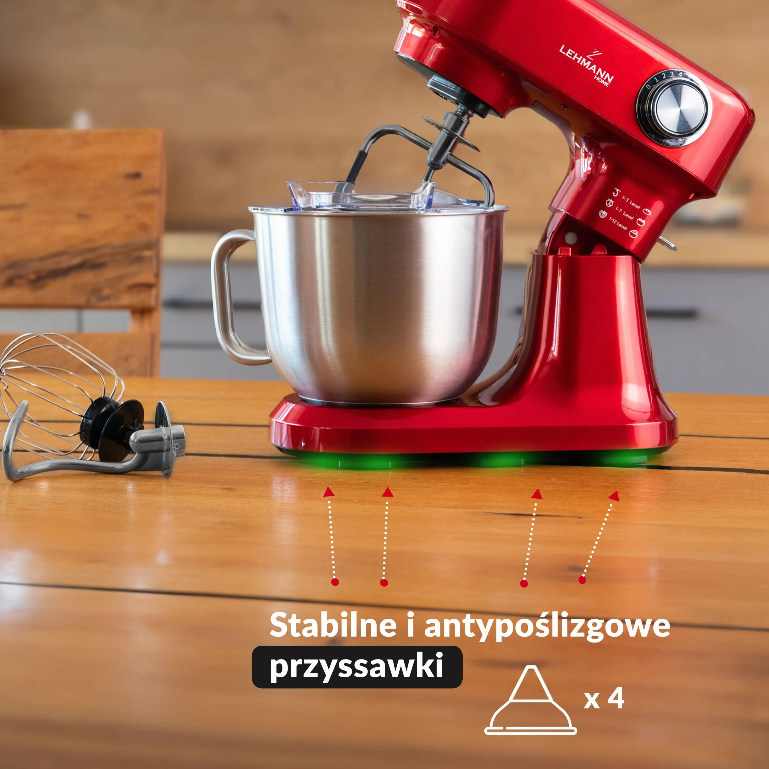 LEHMANN Robot kuchenny z zestawem akcesoriów, 1500 W, mieszadło z 12 prędkościami, miska do mieszania 5 l, zabezpieczenie przed przegrzaniem, antypoślizgowy, ugniatarka z 3 wkładami do mieszania i