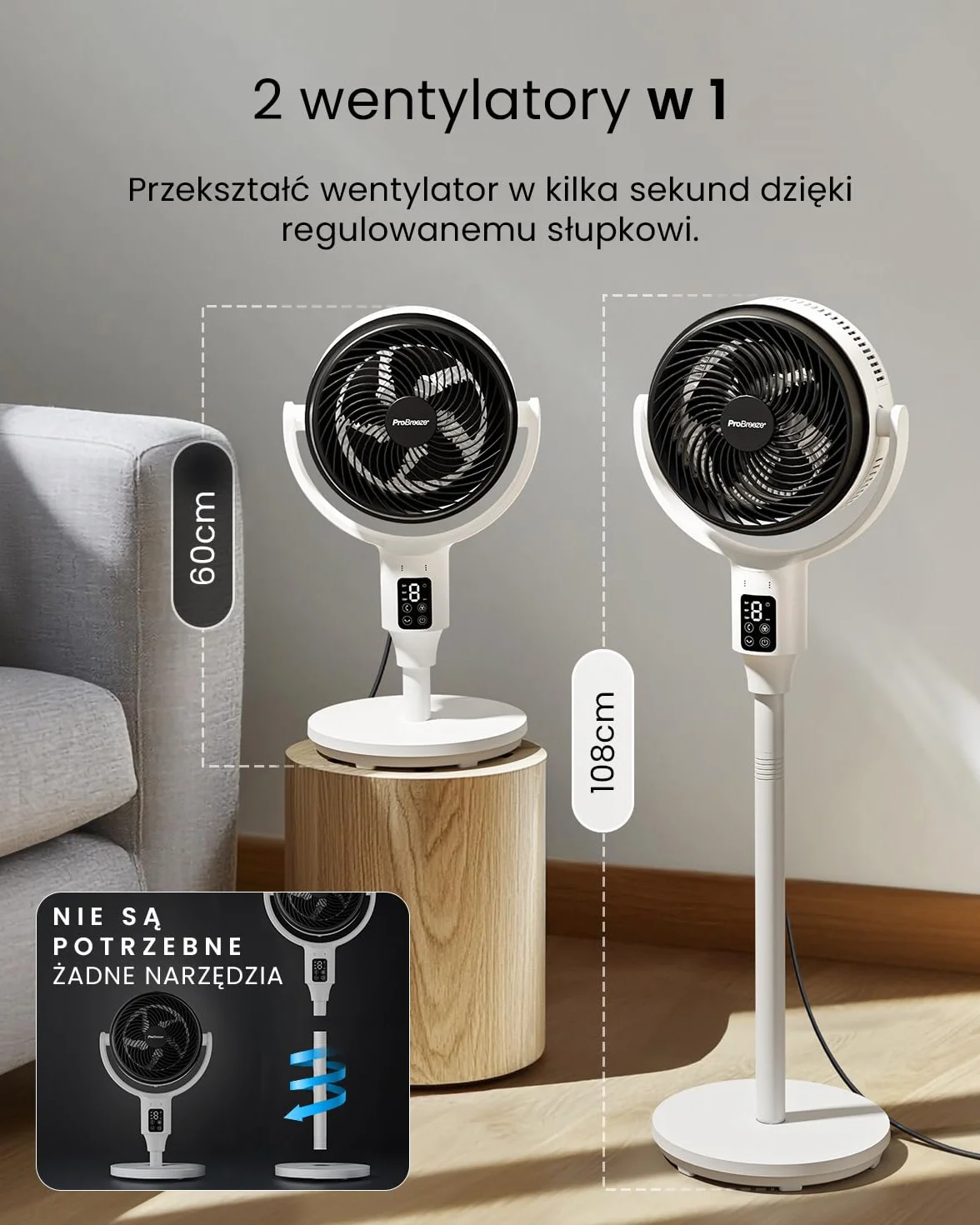 Wentylator kolumnowy Pro Breeze 109 cm – 29 dB Supercichy – Wyświetlacz LED, Pilot, 2 Tryby Chłodzenia, Ruch Pionowy i Poziomy – Energooszczędny – Dom i Biuro